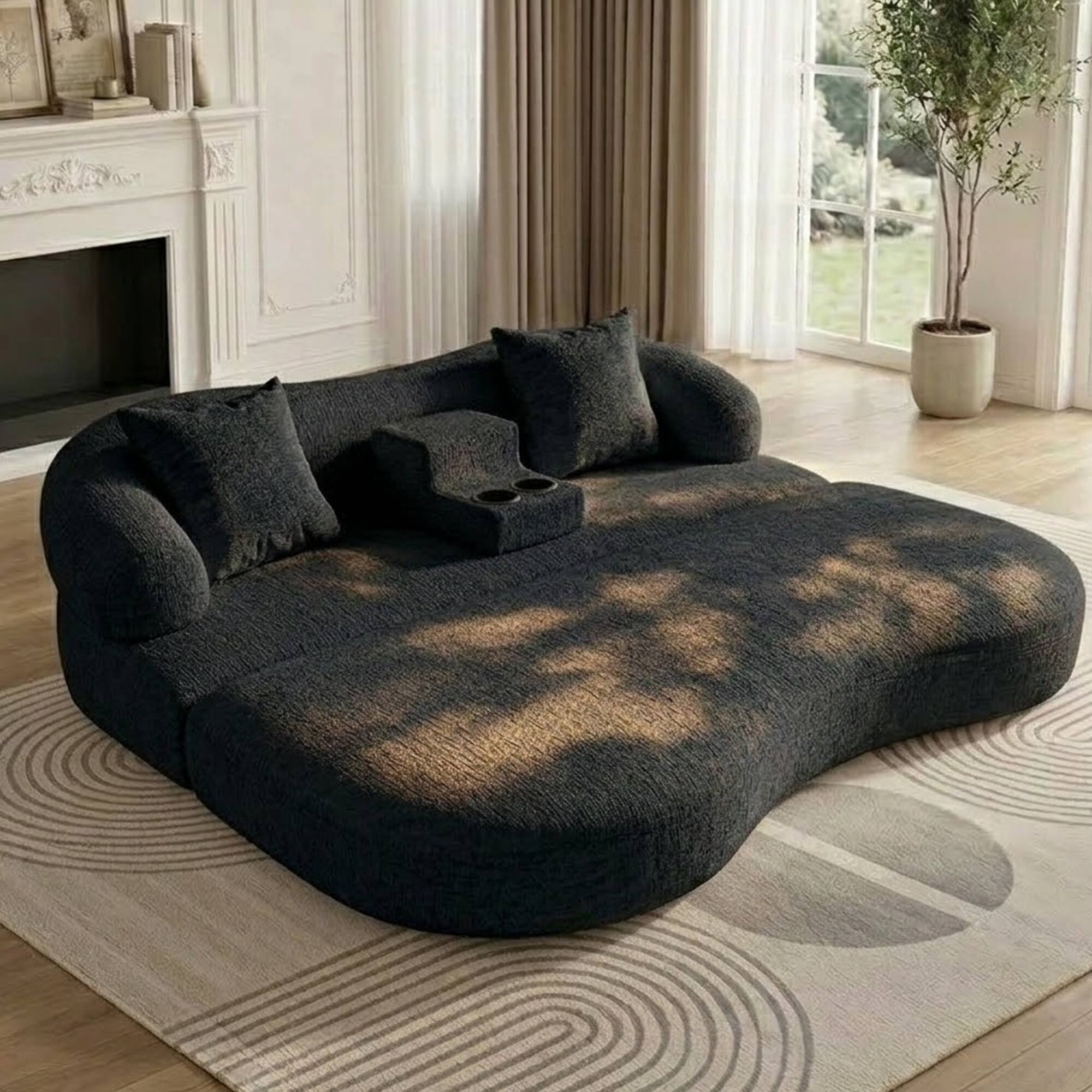 Angle. Anysun - 2-in-1 Modern Curved Boneless Convertible Chenille  Sleeper Sofa Bed with Cup Holders, for Small Spaces - Black.
