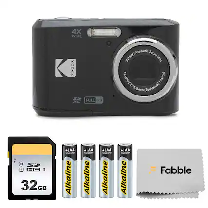 4X WIDE KODAK SP HD XC FULL Aspheric Zoom PIXPRO Lens 4X WIDE 1:3.0-6.6 WIDE 27-108mm (Equivalent)
32 GB SDHC Card
4 AA Alkaline Batteries
Fabble