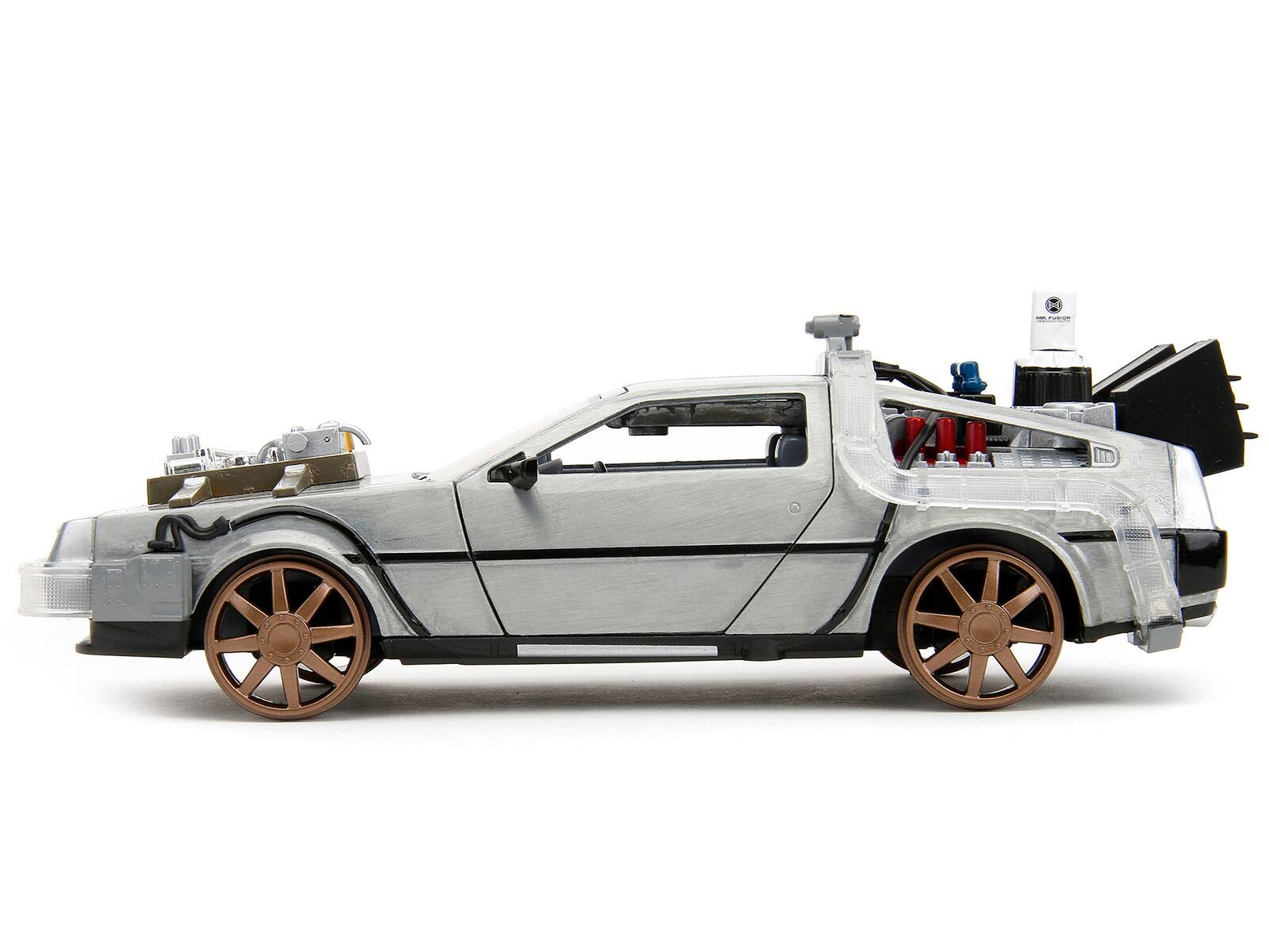 Back. Jada - DeLorean Brushed Metal Time Machine Train Wheel Version with Lights Back to the Future Part III Movie 1/24 Rides - Grey.