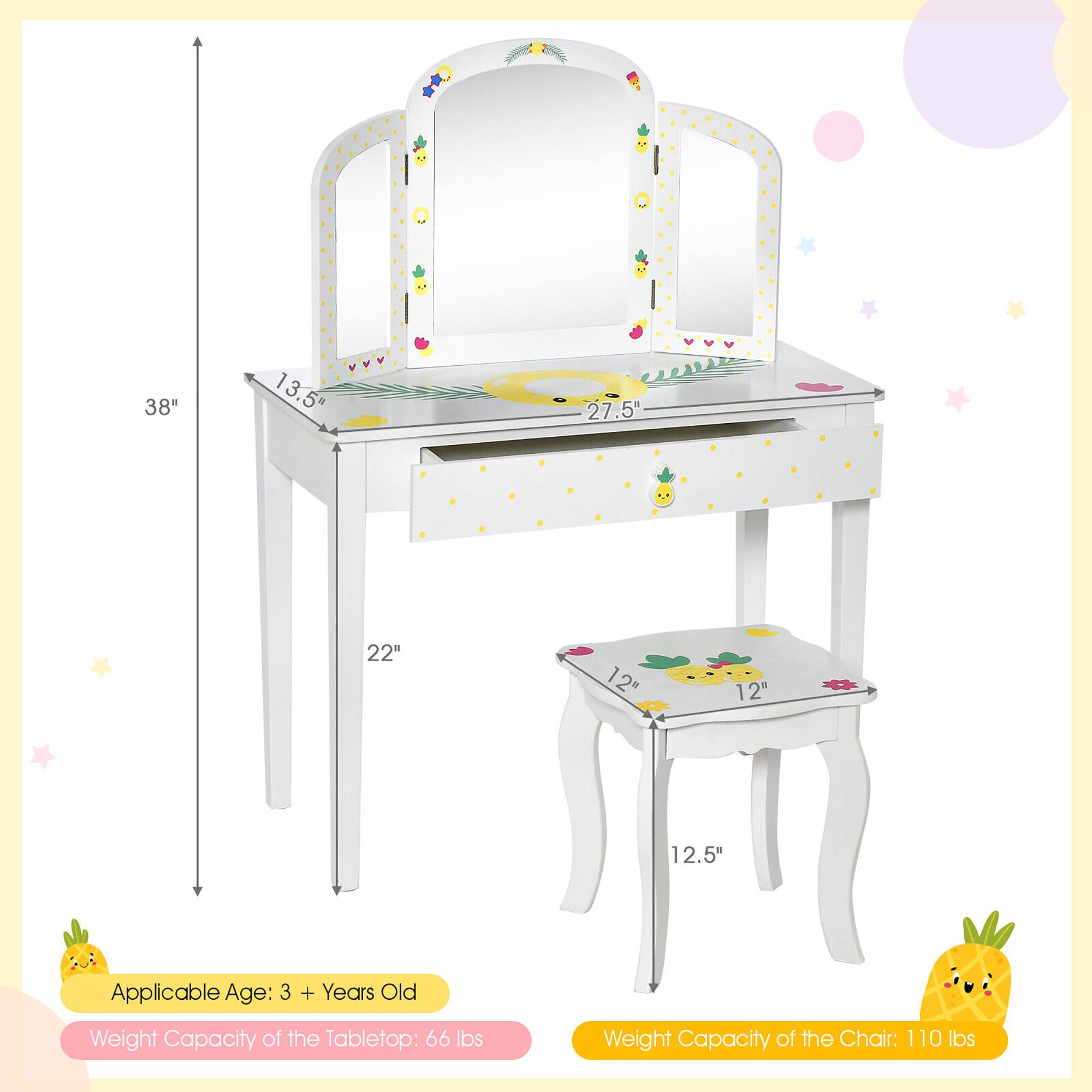 Applicable Age: 3 + Years Old

Weight Capacity of the Tabletop: 66 lbs

Weight Capacity of the Chair: 110 lbs

Dimensions:
- Height: 38"
- Depth: 27.5"
- Width: 22"
- Seat Height: 12.5"
- Seat Width: 12"
- Seat Depth: 12"