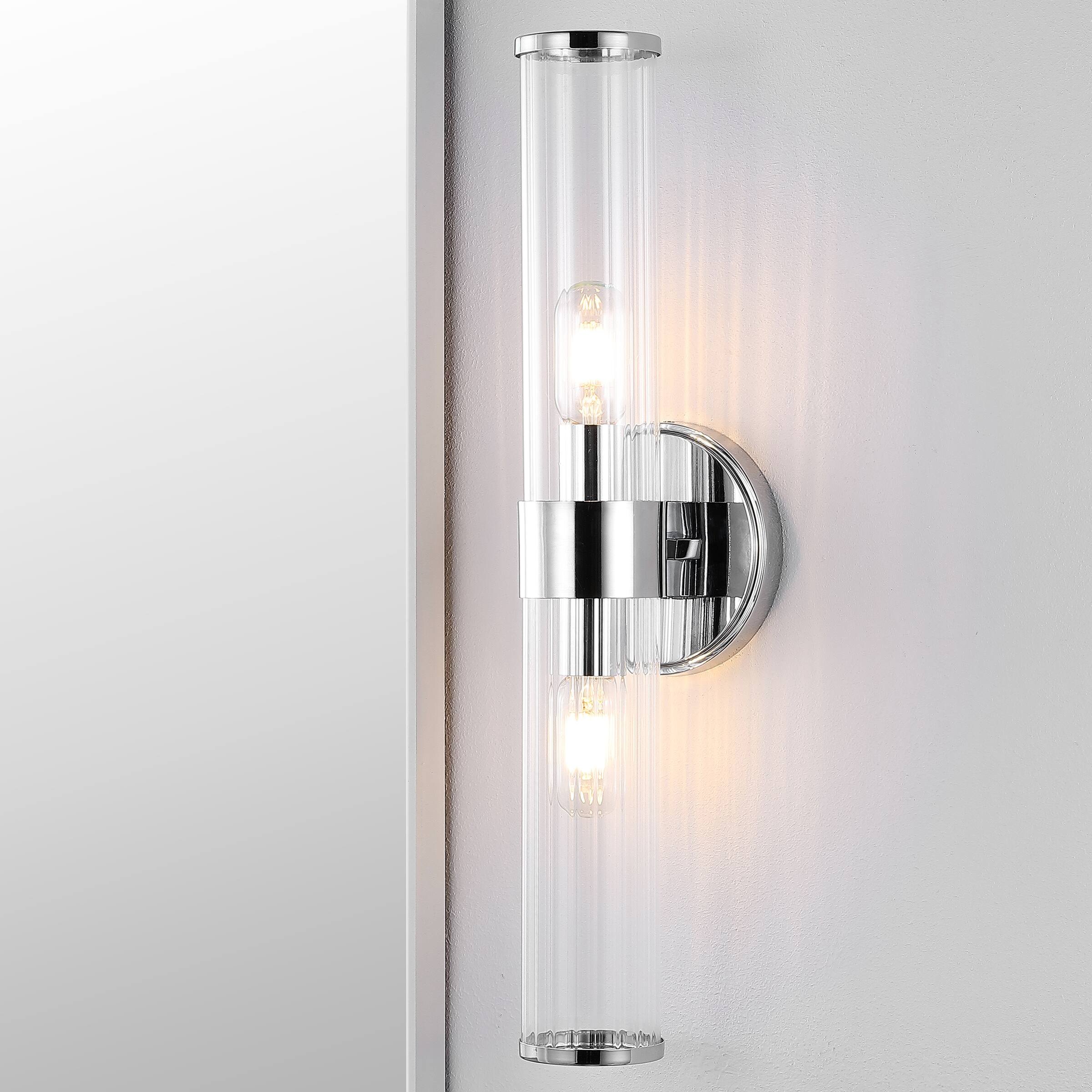 Alt View 1. Jonathan Y - Cecil 23" 2-Light Tall Cylinder Iron/Striped Glass Modern Mid-Century LED Vanity, Chrome - Chrome.