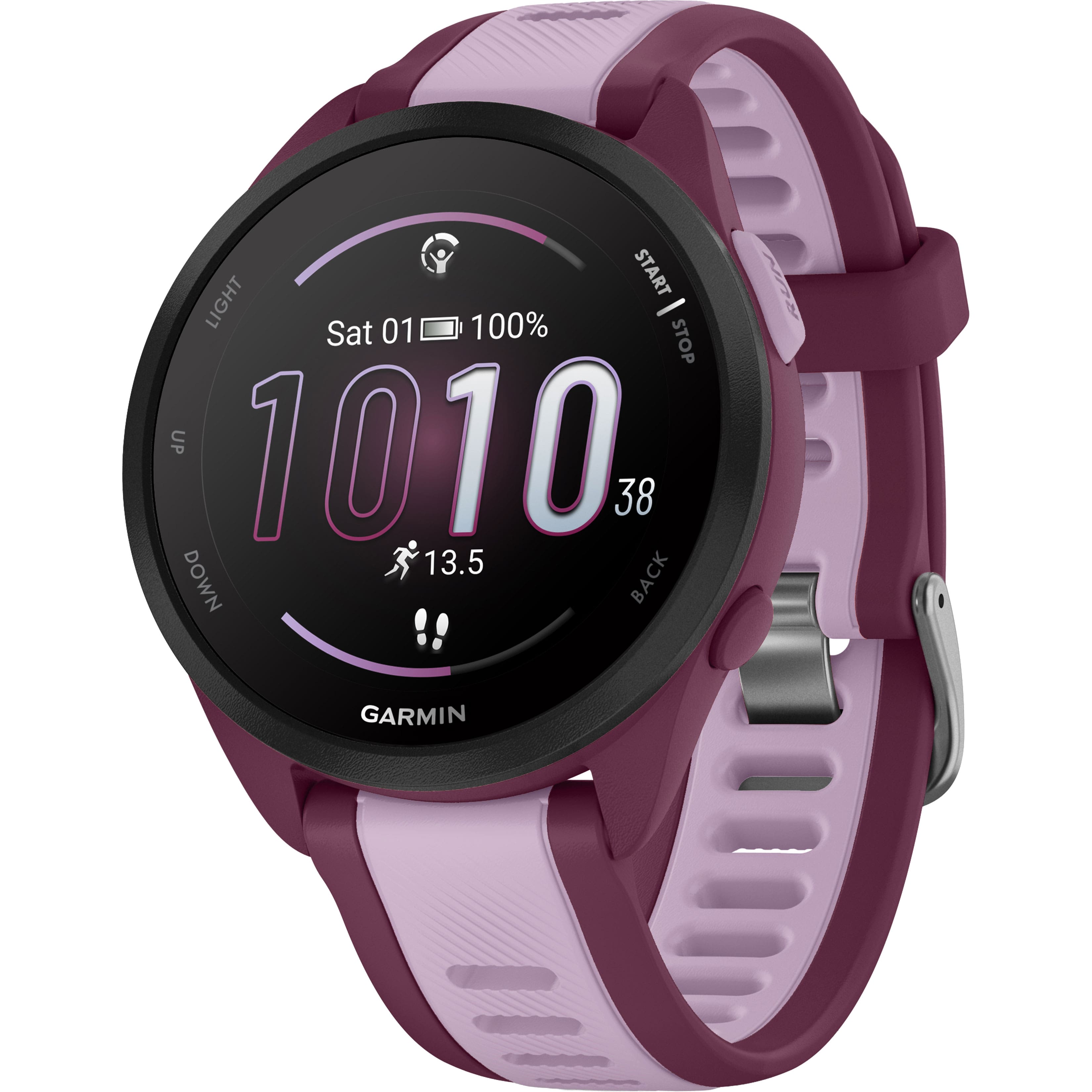 The text on the image reads: "START LIGHT 01 100% - Sat STOP UP 1010 38 13.5 DOWN BACK GARMIN." This text is likely related to the Garmin watch, which is purple in color. The watch is designed to track various fitness metrics, such as heart rate, distance, and pace. The numbers and symbols on the watch face indicate different measurements, such as the percentage of battery life remaining, the current time, and the current distance or pace. The watch is designed to help users monitor their fitness progress and stay motivated to reach their goals.