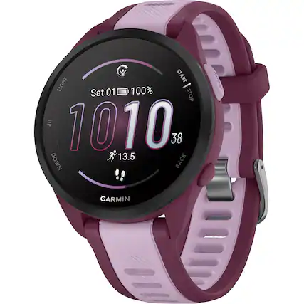 The text on the image reads: "START LIGHT 01 100% - Sat STOP UP 1010 38 13.5 DOWN BACK GARMIN." This text is likely related to the Garmin watch, which is purple in color. The watch is designed to track various fitness metrics, such as heart rate, distance, and pace. The numbers and symbols on the watch face indicate different measurements, such as the percentage of battery life remaining, the current time, and the current distance or pace. The watch is designed to help users monitor their fitness progress and stay motivated to reach their goals.