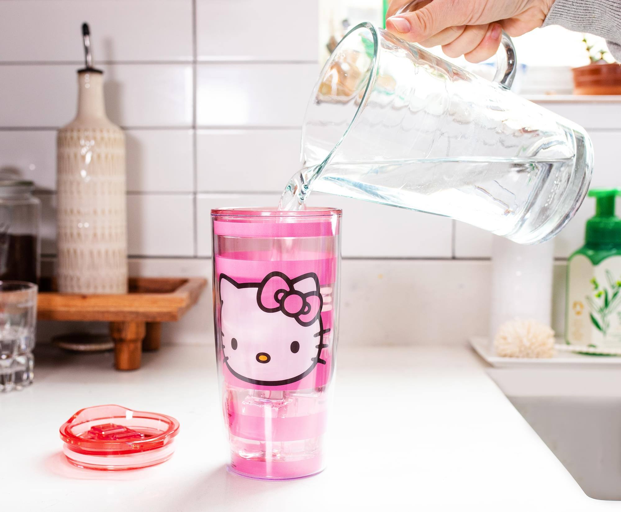 Alt View 2. Silver Buffalo - Sanrio Hello Kitty Pink Stripes Travel Tumbler with Slide Close Lid | 20 Ounces - Pink.