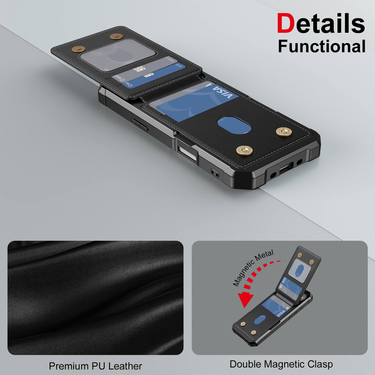 Details Functional

G PAO b Cr 2 I VISA

Premium PU Leather

Magnetic Metal

Double Magnetic Clasp
