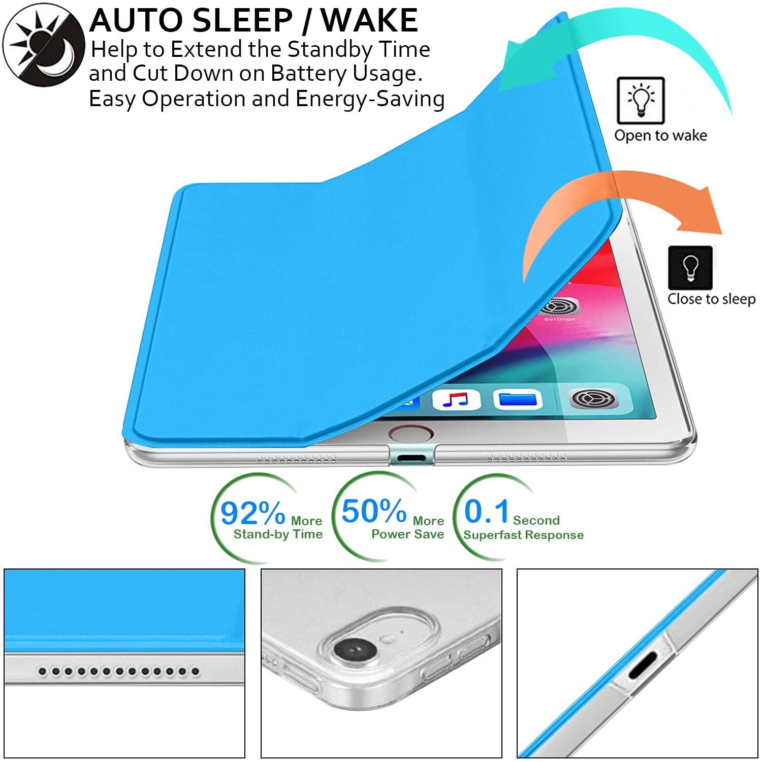 AUTO SLEEP / WAKE  
Help to Extend the Standby Time and Cut Down on Battery Usage.  
Easy Operation and Energy-Saving  

Open to wake  
Close to sleep  

92% More Stand-by Time  
50% More Power Save  
0.1 Second Superfast Response