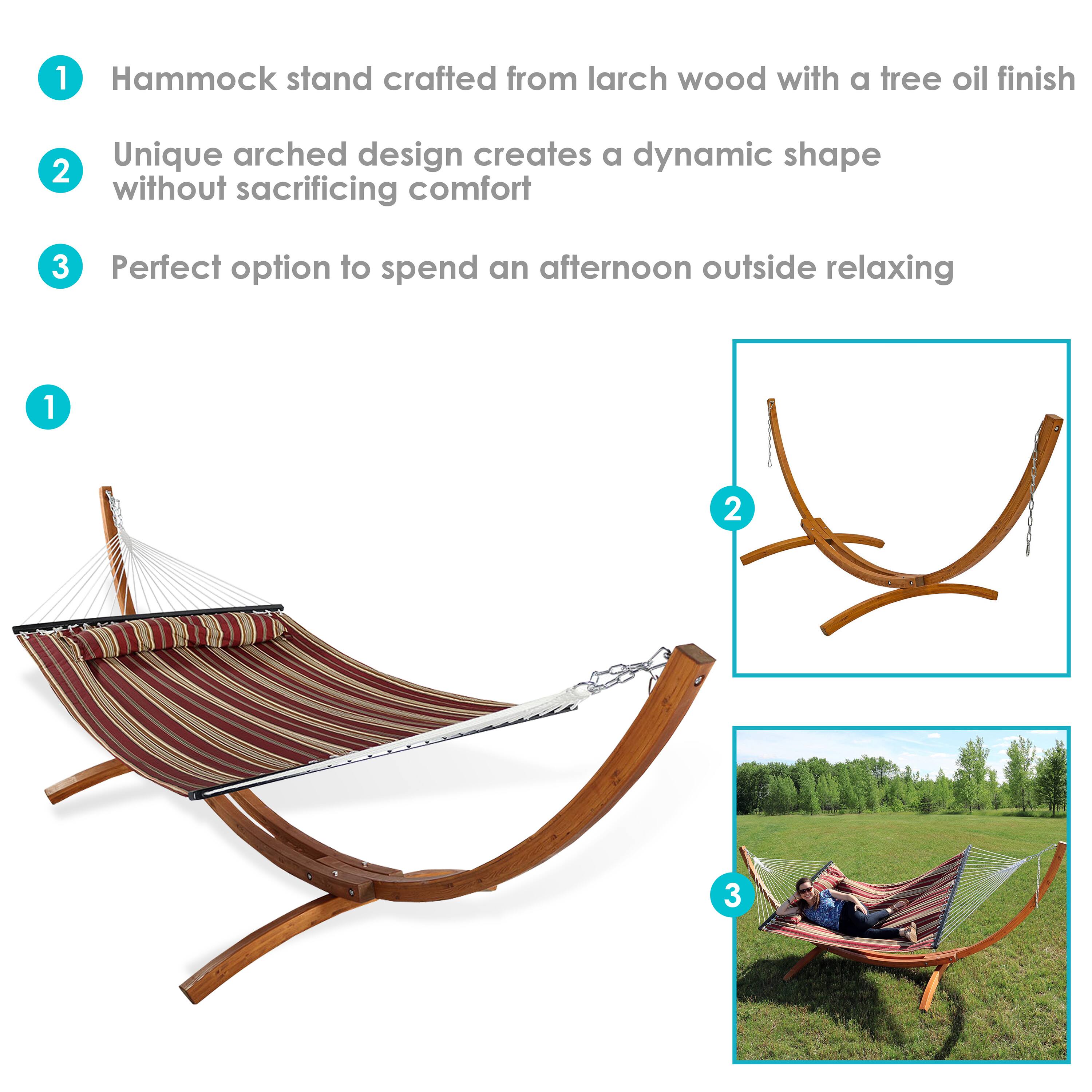 1. Hammock stand crafted from larch wood with a tree oil finish  
2. Unique arched design creates a dynamic shape without sacrificing comfort  
3. Perfect option to spend an afternoon outside relaxing