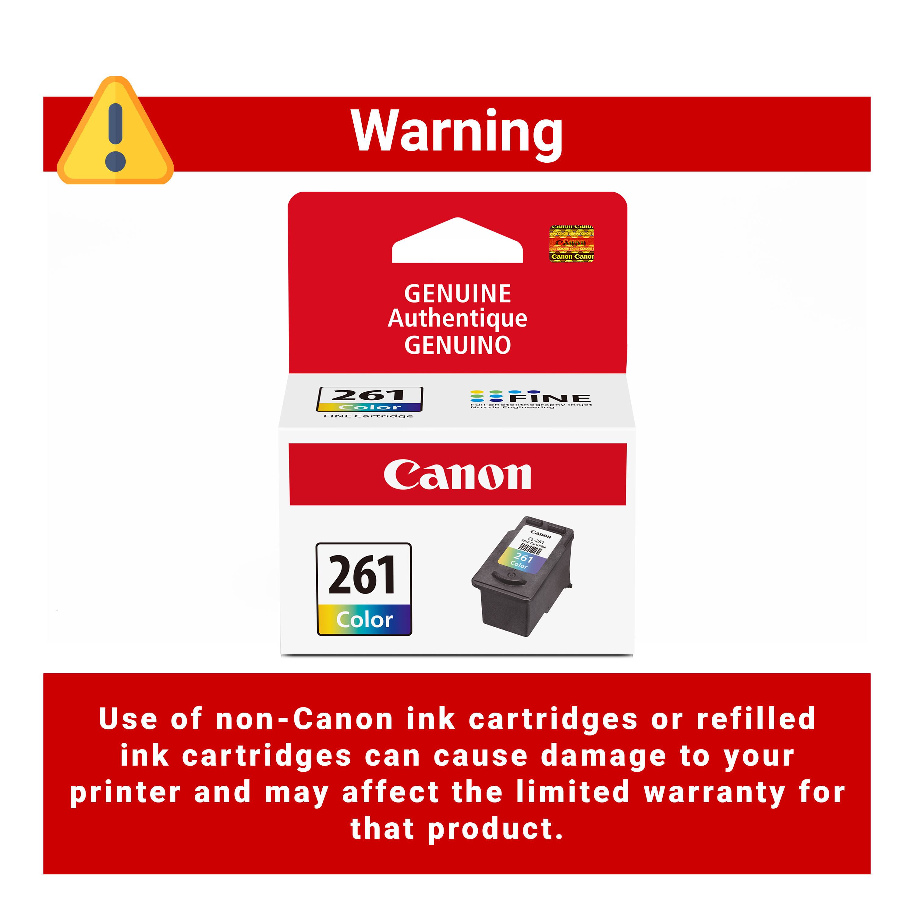 ! Warning  
- GENUINE Authentique GENUINO  
261 Lalnr dE cardidas EFINE Rw- | Canon 261 Color - n SW 261 Laie  
Use of non-Canon ink cartridges or refilled ink cartridges can cause damage to your printer and may affect the limited warranty for that product.