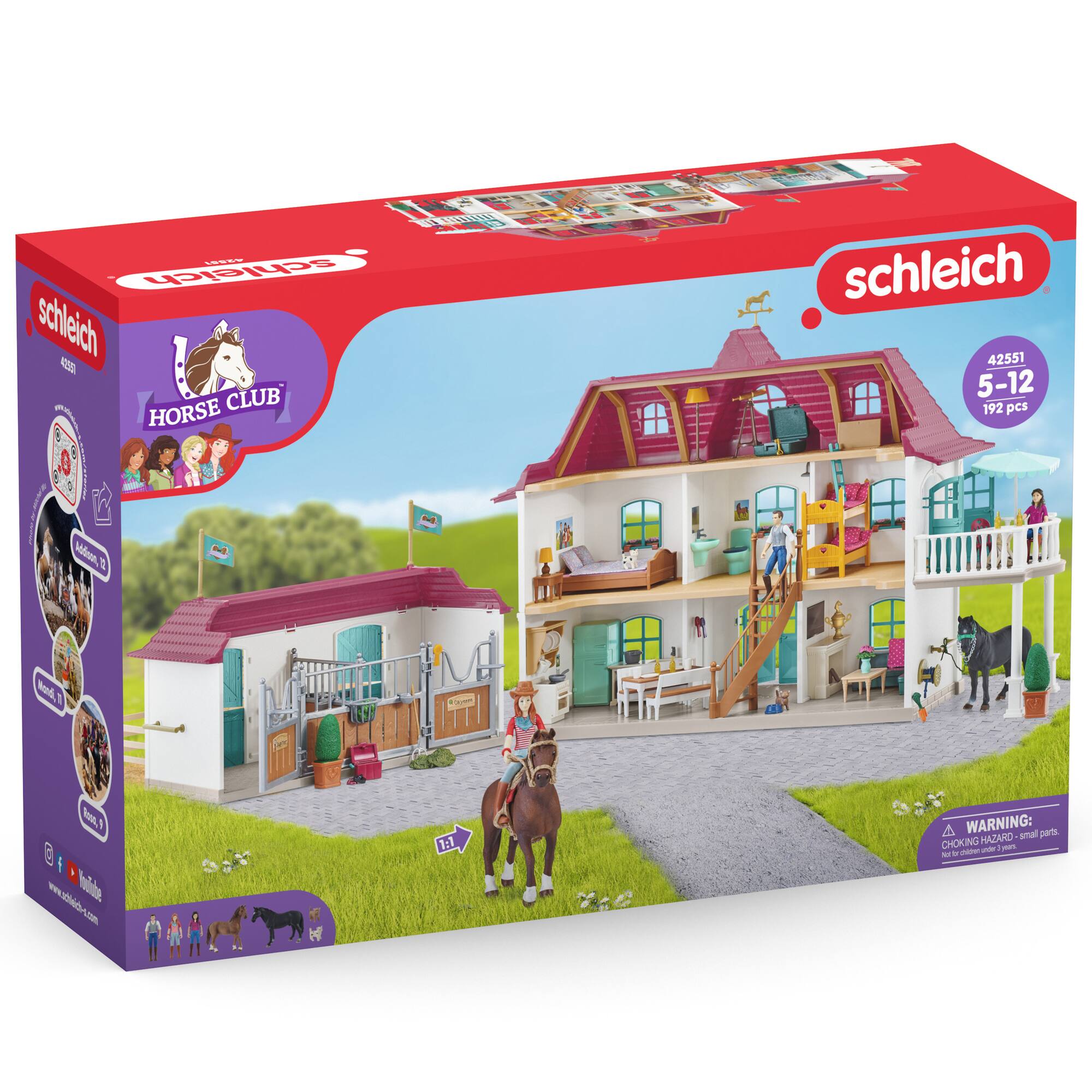 The text on the image reads: "Schleich schlcich schleich Horse Club 5-12 192 pcs Vadun D Md - Bend 1 a C BE N C i I www.g6o.am - adite A 1-1 A WARNING: parts. HAZARD amail CHOKING HAZARD."