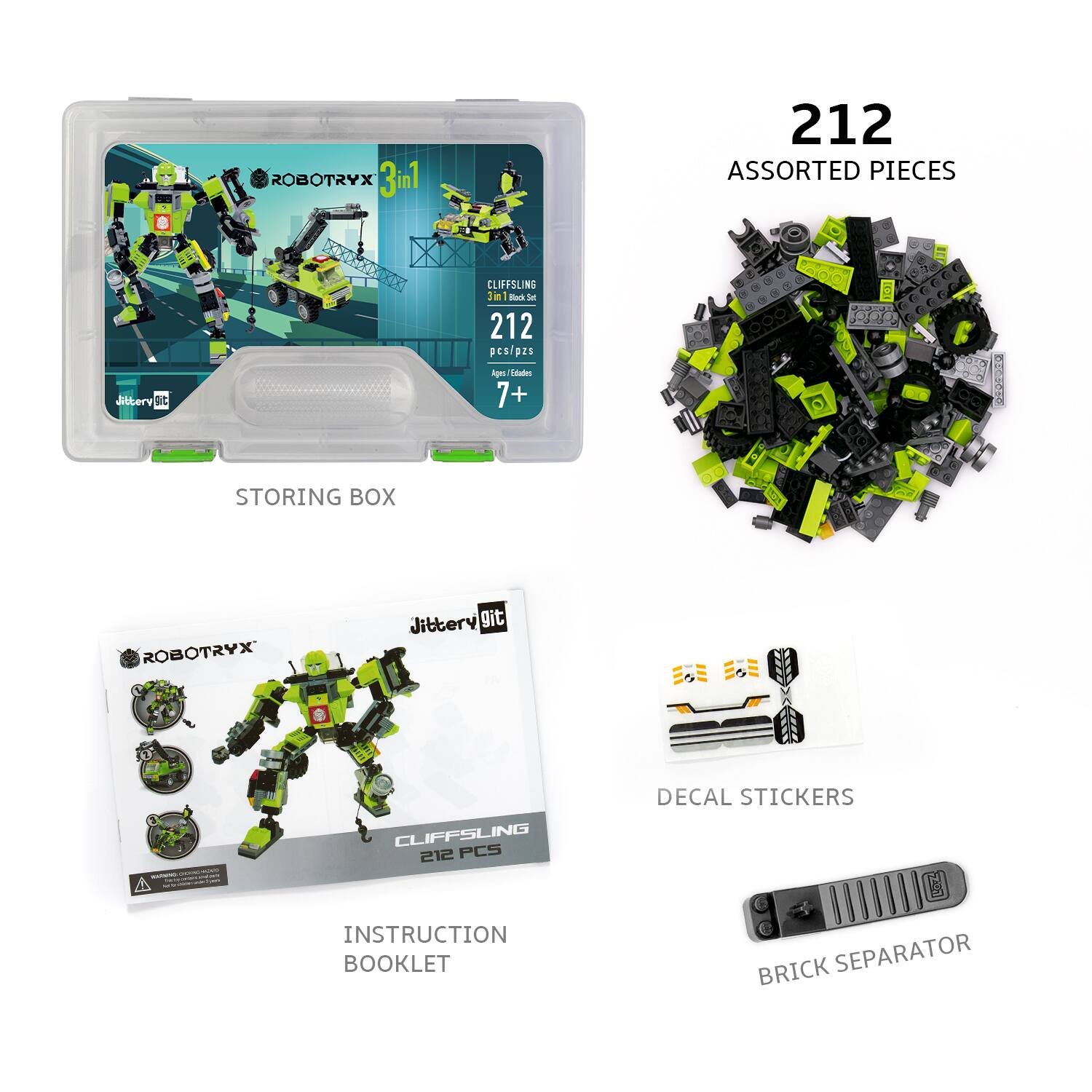 ROBOTRYX 3in1 212 ASSORTED PIECES CLIFFSLING Jittery git Set 212 pcs/pzs 92s Sbbery VC A Lotaon 7+ STORING BOX  
ROBOTRYX Jittery git  
CLIFFSLING 212 PCS INSTRUCTION BOOKLET DECAL STICKERS 20 BRICK SEPARATOR