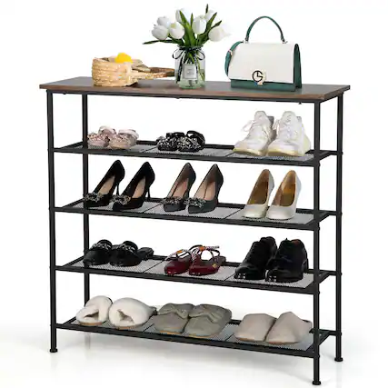 Front. Costway - Shoe Rack 5-Tier Shoe Storage Organizer W/4 Metal Mesh Shelves for 16-20 Pairs - Rustic brown.