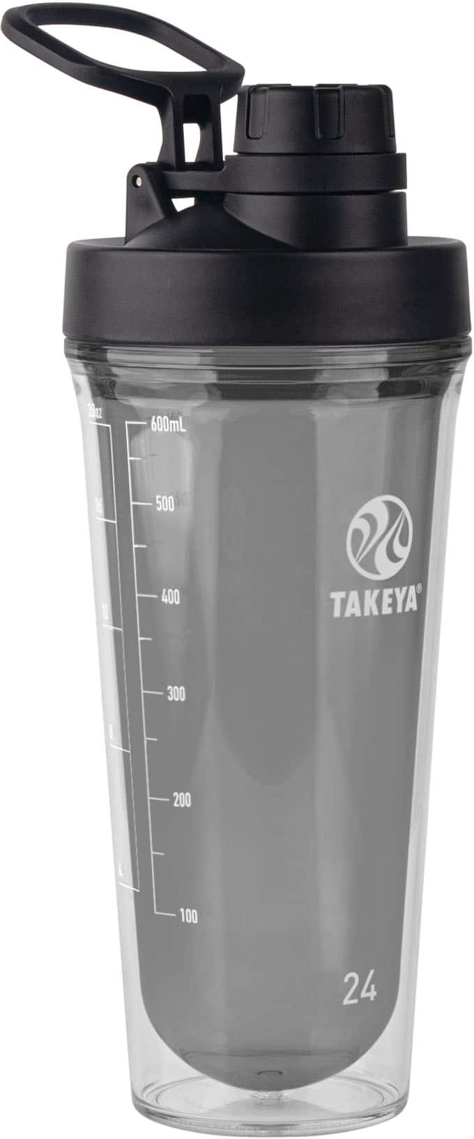 The image features a black and clear glass bottle with a black lid, which is a 600 ml water bottle. The bottle is made by Takaya and is designed to hold 600 milliliters of liquid. The bottle has a measurement chart on it, which shows the volume of the liquid inside the bottle. The chart goes from 0 to 600 ml, with increments of 100 ml. The bottle is empty, and it is displayed against a white background.
