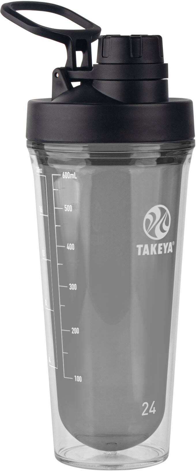 The image features a black and clear glass bottle with a black lid, which is a 600 ml water bottle. The bottle is made by Takaya and is designed to hold 600 milliliters of liquid. The bottle has a measurement chart on it, which shows the volume of the liquid inside the bottle. The chart goes from 0 to 600 ml, with increments of 100 ml. The bottle is empty, and it is displayed against a white background.