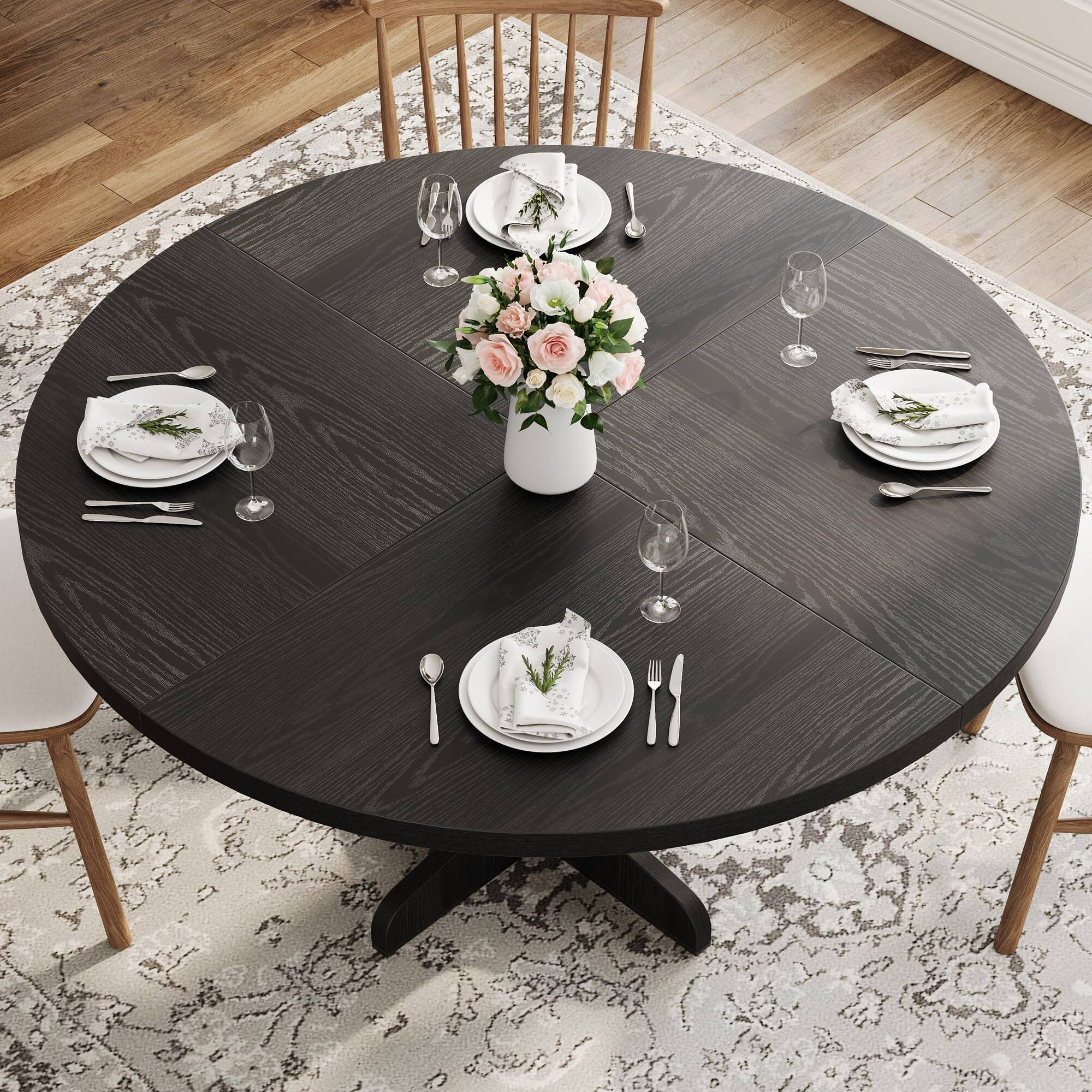 Alt View 1. MAGICAL RUBS - Round Dining Table For 4  47 Inches Room With Wooden Base Circle Kitchen Dinner Living (table Only) Black - Brown.