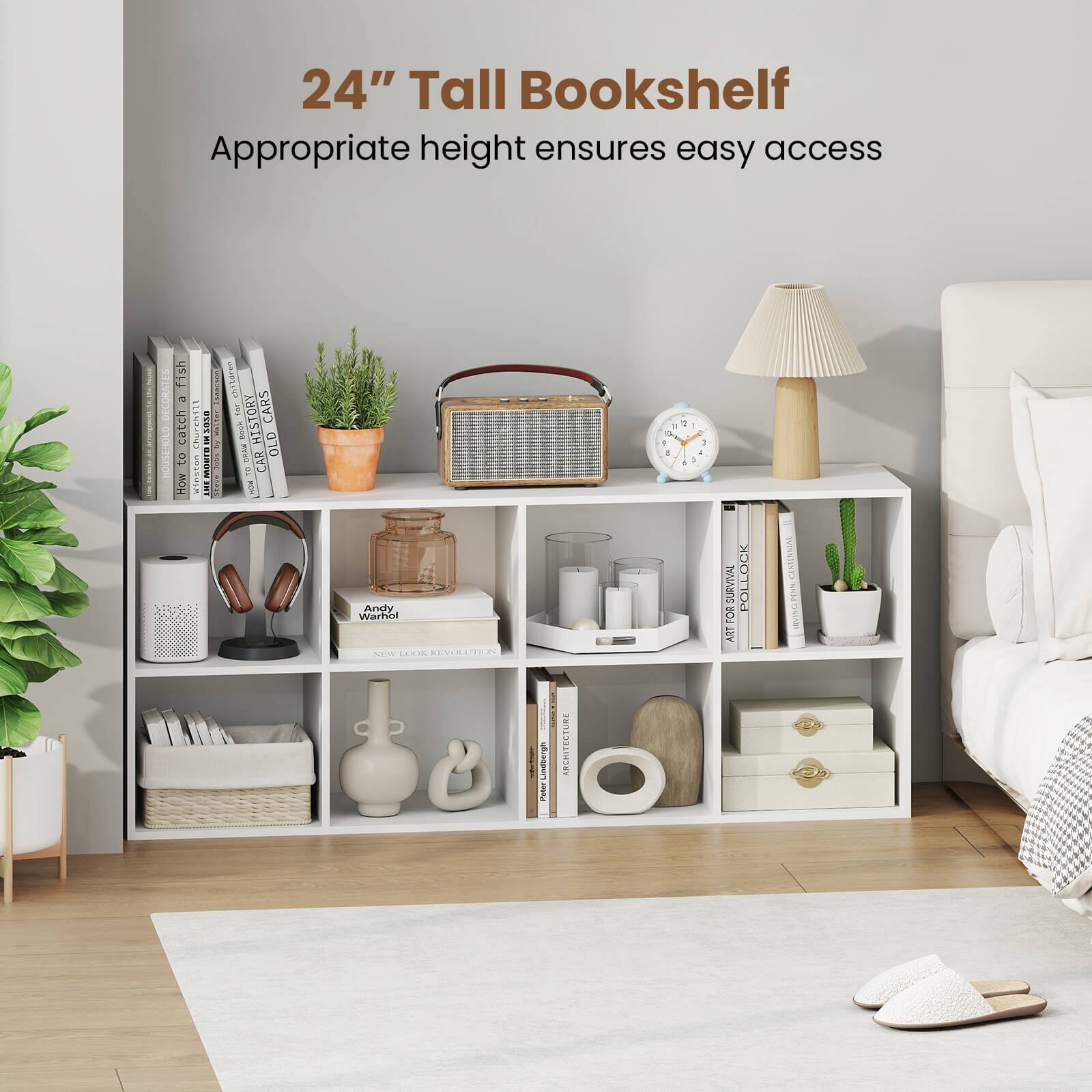 The text on the image is grouped and corrected as follows:

"24" Tall Bookshelf Appropriate height ensures easy access. Decorate with books, plants, and other items to create a cozy atmosphere. Store books, plants, and other items on the shelves to keep the space organized and clutter-free. The bookshelf can be used to display a variety of items, such as books, plants, and decorative objects, making it a versatile addition to any room. By using the bookshelf to store and display items, you can create a visually appealing and functional space that suits your needs and preferences."