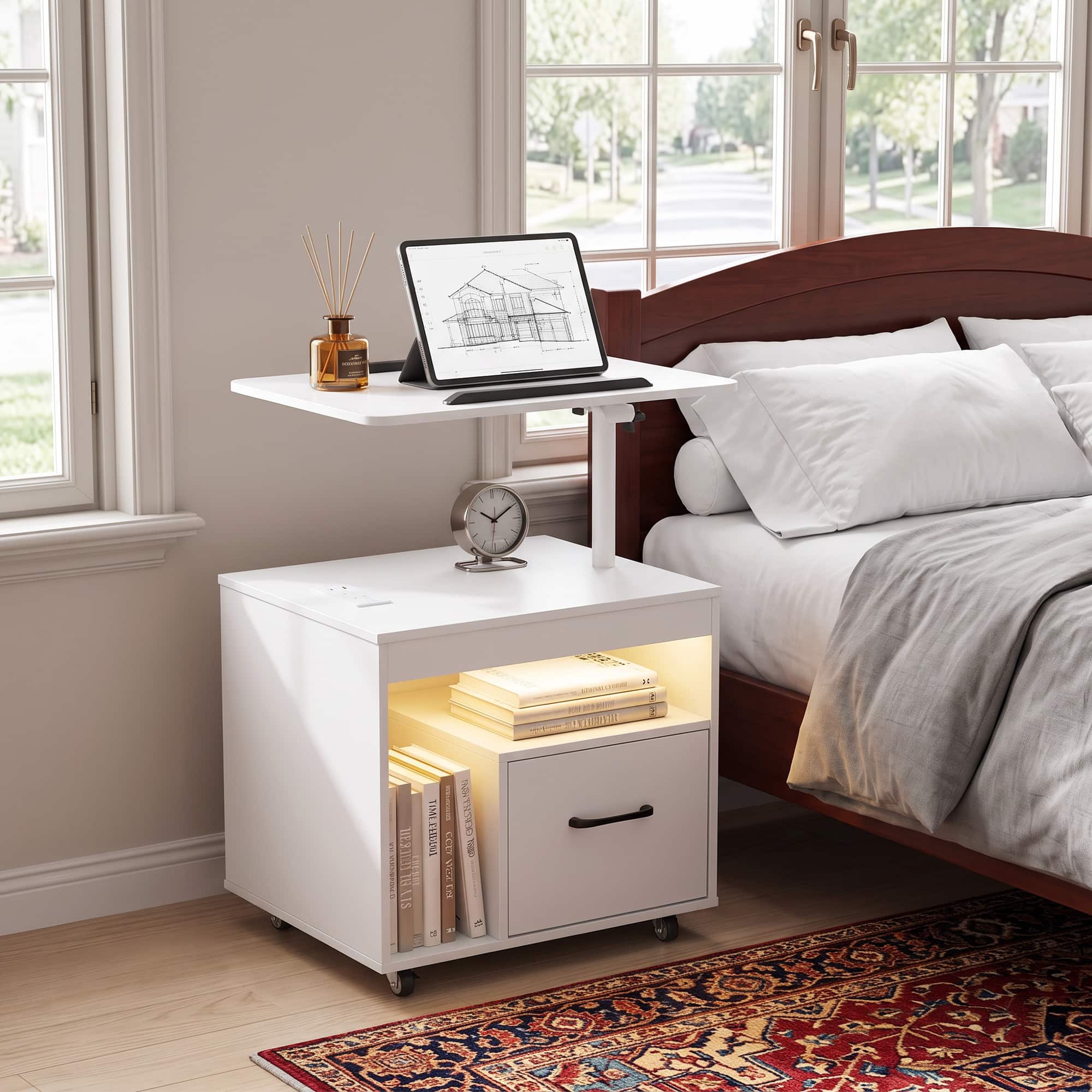 WELLFOR - Modern LED Nightstand with Power Outlets and Flip-Over - White