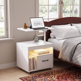 WELLFOR - Modern LED Nightstand with Power Outlets and Flip-Over - White