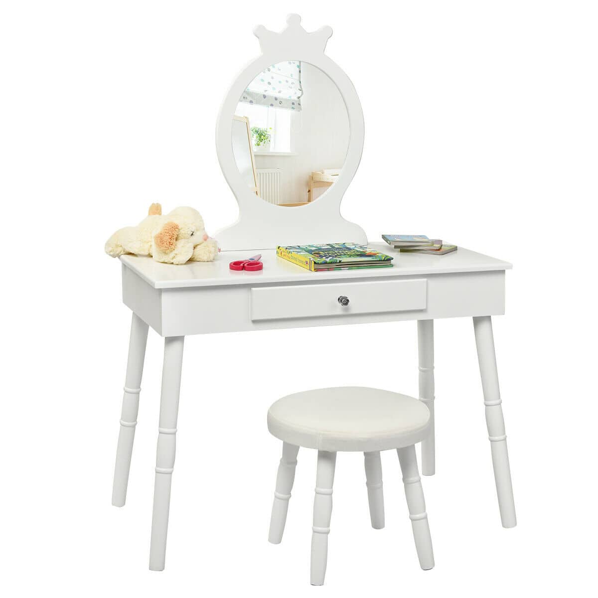 Costway - Kids Vanity Makeup Table & Chair Set Make Up Stool Play Set for Children - White