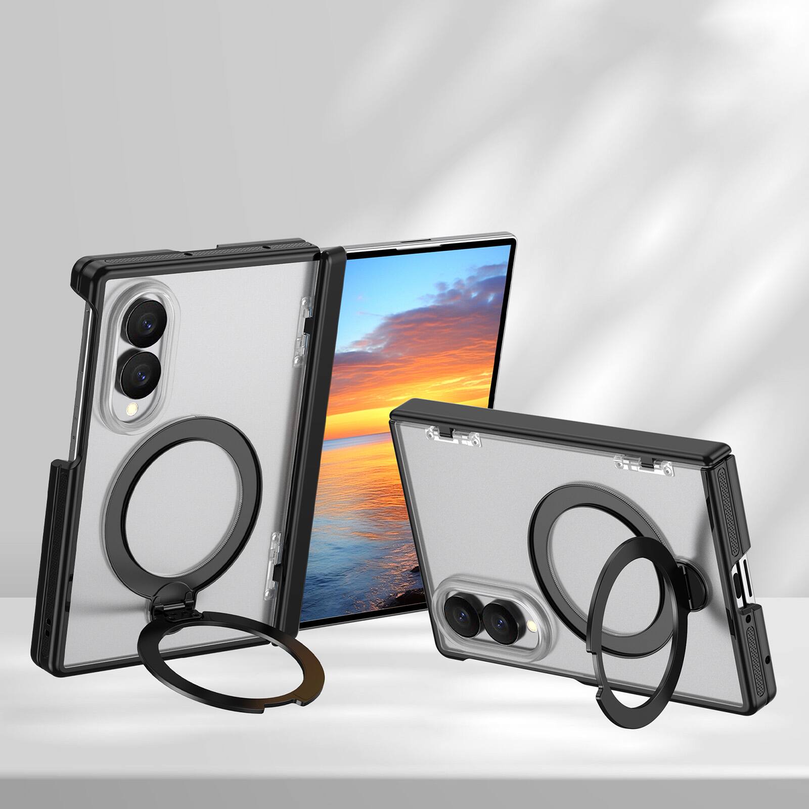 Angle. Dteck - Shockproof Frosted Phone Case for Samsung Galaxy Z Fold8 with Ring Stand, Rugged Slim Magnetic Rigid Plastic Hinge Cover - Matteblack.