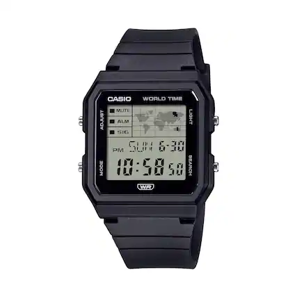 A CASIO WORLD TIME MUTE ADJUST ALM LIGHT SIG PM GLI4 6-30 MODE 10:58 50 SEARCH WR
