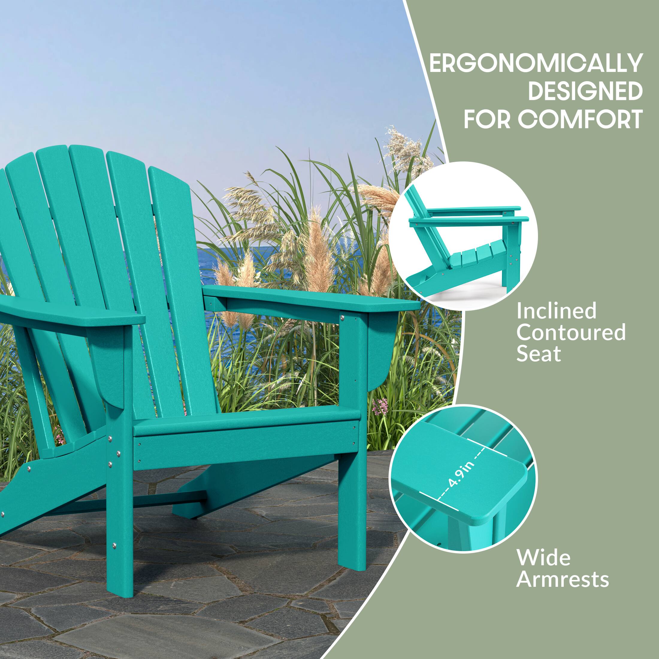 ERGONOMICALLY DESIGNED FOR COMFORT  
Inclined Contoured Seat  
4.9in Wide Armrests
