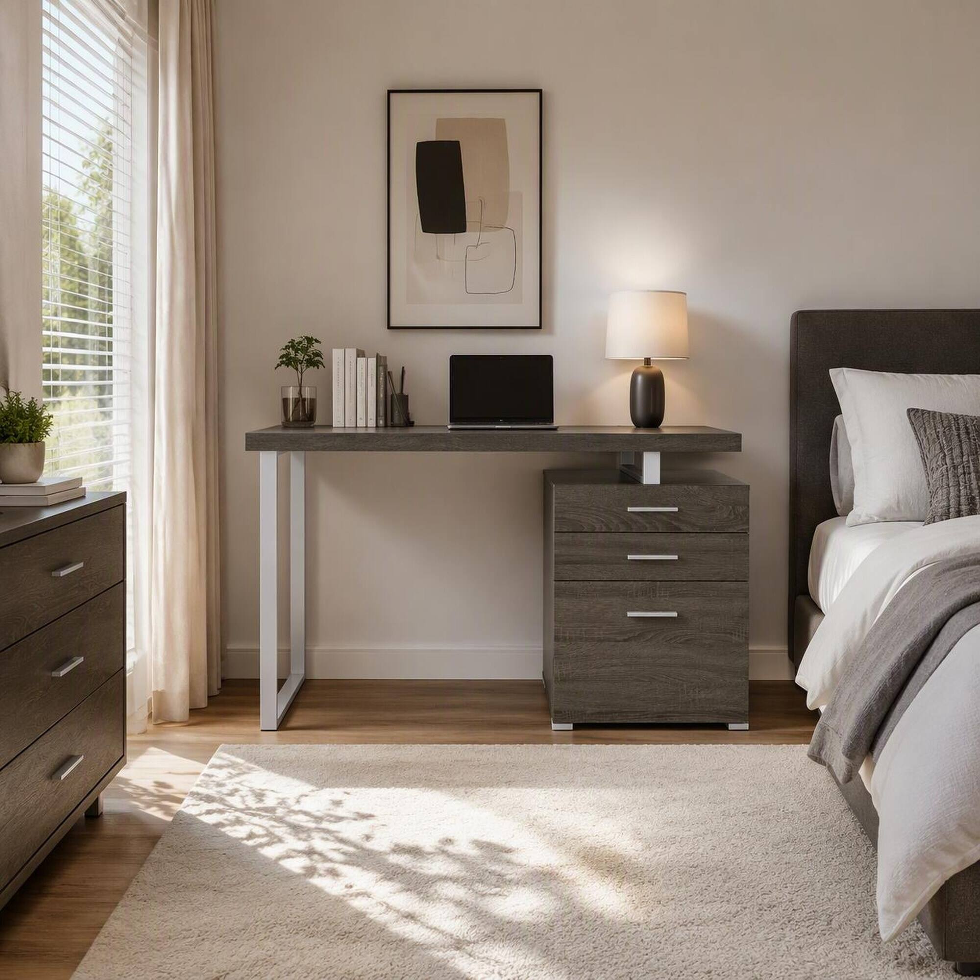 Left. RYHNUYNE - Reversible 3-Drawer Office Desk, Weathered Grey Finish, Metal Legs, 47.25 in Wide Workstation for Home Office and Study - Grey.