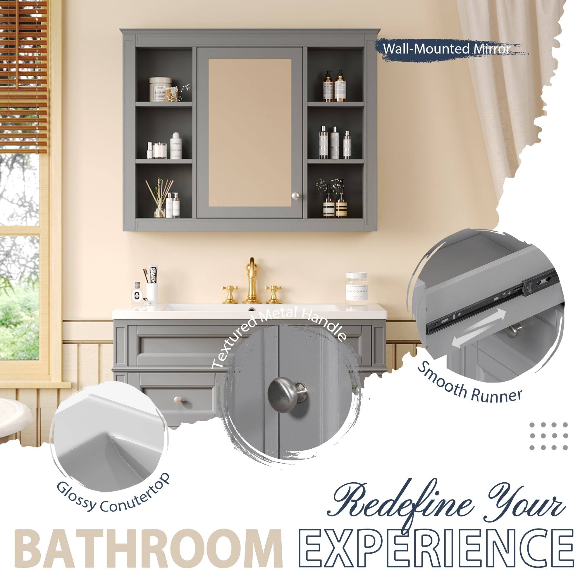Wall-Mounted Mirror  
Metal Textured Handle  
Smooth Runner  
Glossy Countertop  
Redefine Your BATHROOM EXPERIENCE