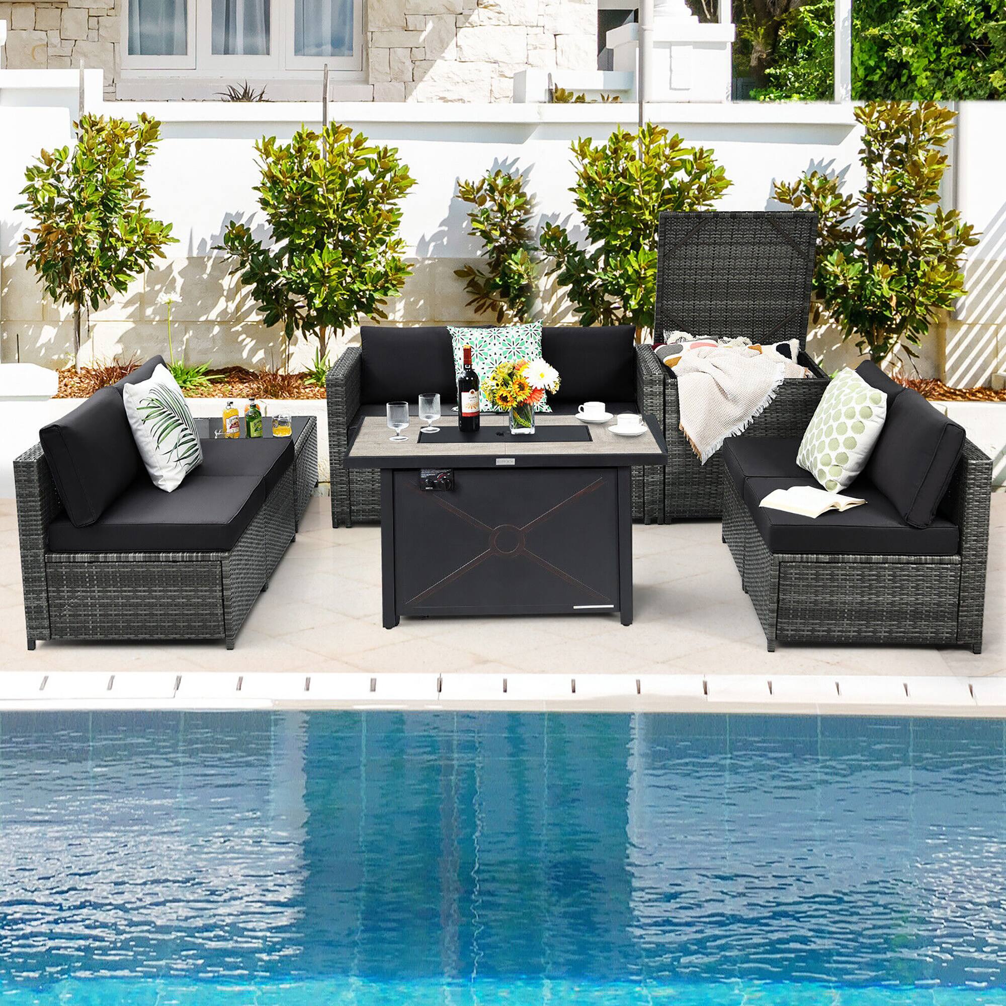 Alt View 2. Gymax - Gymax 9 PCS Patio Rattan Furniture Set Fire Pit Table Storage Grey W/ Cover Black - Black.