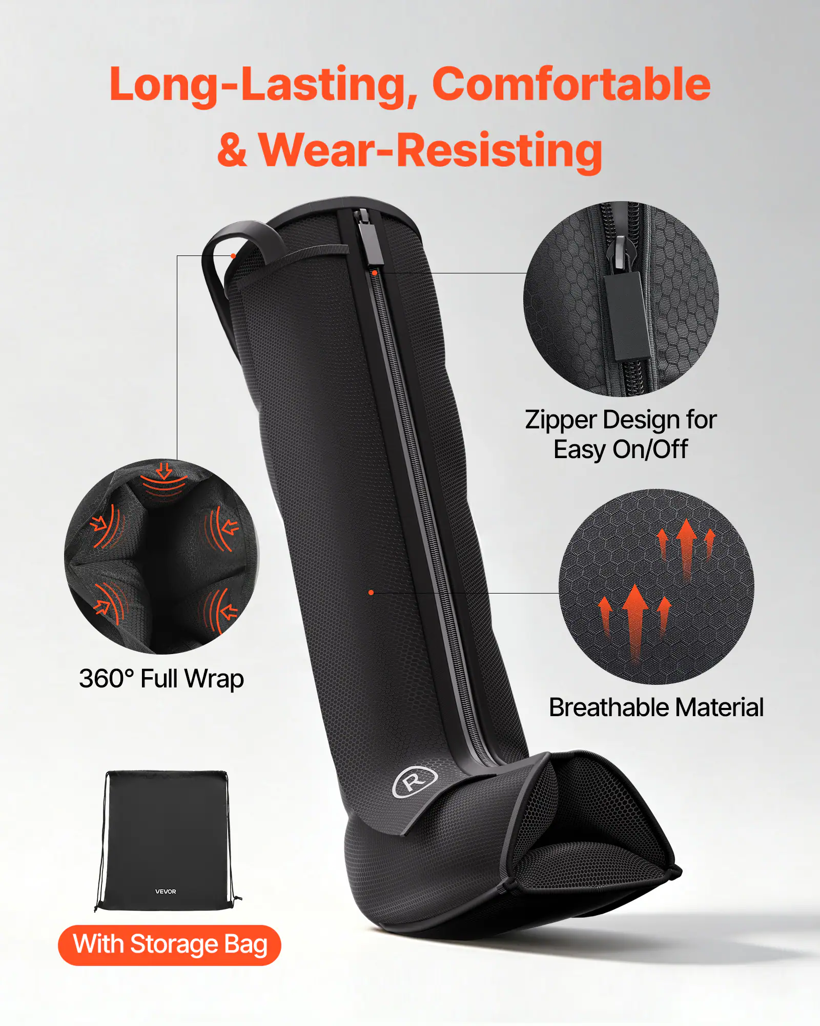 Long-Lasting, Comfortable & Wear-Resisting  
Zipper Design for Easy On/Off  
360° Full Wrap  
Breathable Material  
With Storage Bag
