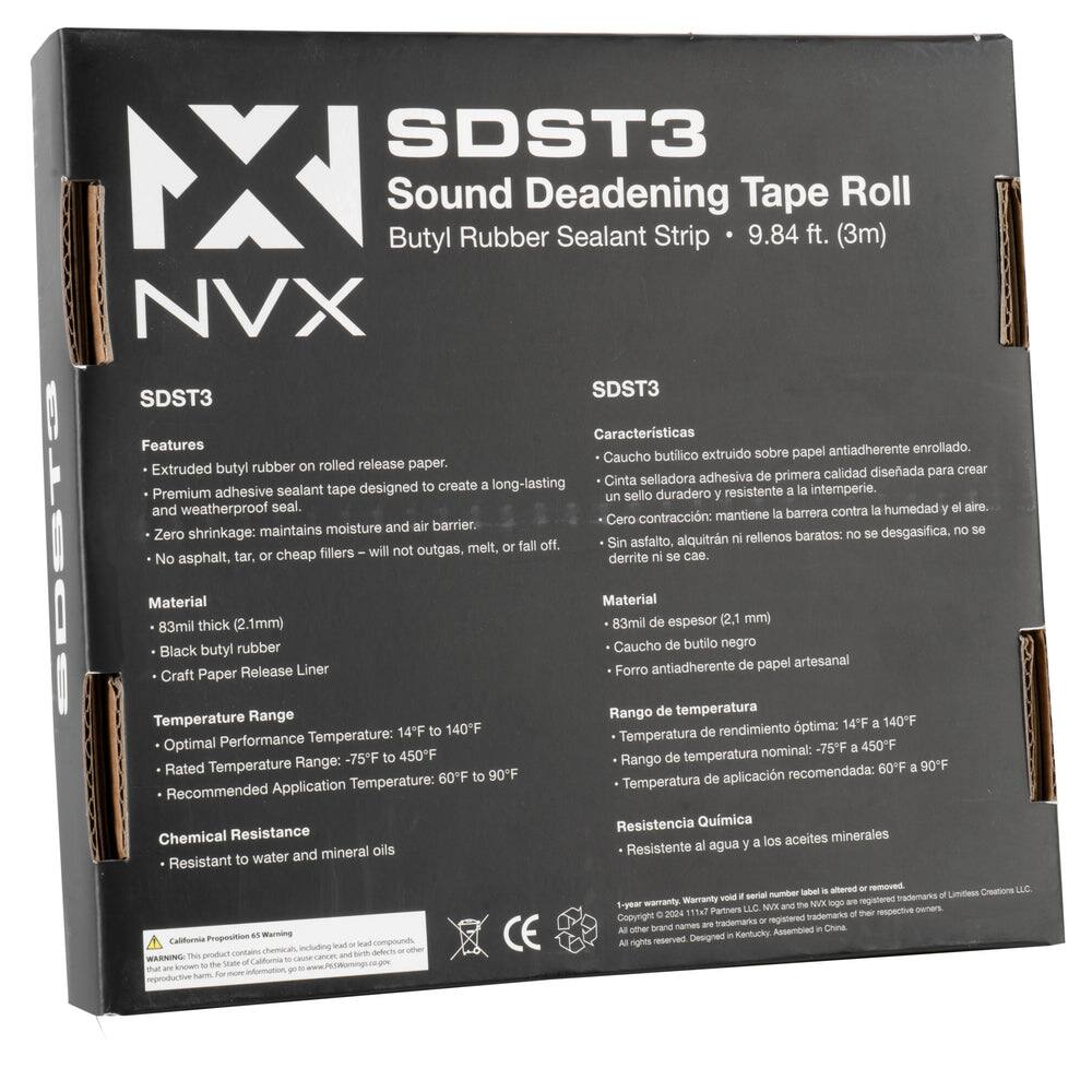 SDST3 MX Sound Butyl Rubber Deadening Sealant Strip Tape 9.84 ft. (3m) Roll NVX SDST3

Features:
- Extruded butyl rubber on rolled release paper.
- Premium adhesive sealant tape designed to create a long-lasting and weatherproof seal.
- Zero shrinkage: maintains moisture and air barrier.
- No asphalt, tar, or cheap fillers – will not outgas, melt, or fall off.

Material:
- 83mil thick (2.1mm)
- Black butyl rubber
- Craft Paper Release Liner

Temperature Range:
- Optimal Performance Temperature: 14°F to 140°F
- Rated Temperature Range: -75°F to 450°F
- Recommended Application Temperature: 60°F to 90°F

Chemical Resistance:
- Resistant to water and mineral oils

Características:
- Caucho butílico extruido sobre papel antiadherente enrollado.
- Cinta selladora adhesiva de primera calidad diseñada para crear un sello duradero y resistente a la intemperie.
- Cero contracción: mantiene la barrera contra la humedad y el