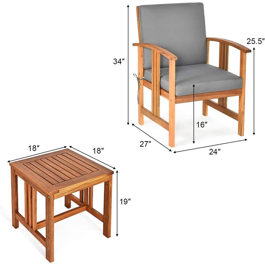 - Seat height: 16"
- Arm height: 25.5"
- Overall height: 34"
- Seat depth: 24"
- Seat width: 27"
- Table width: 18"
- Table depth: 18"
- Table height: 19"