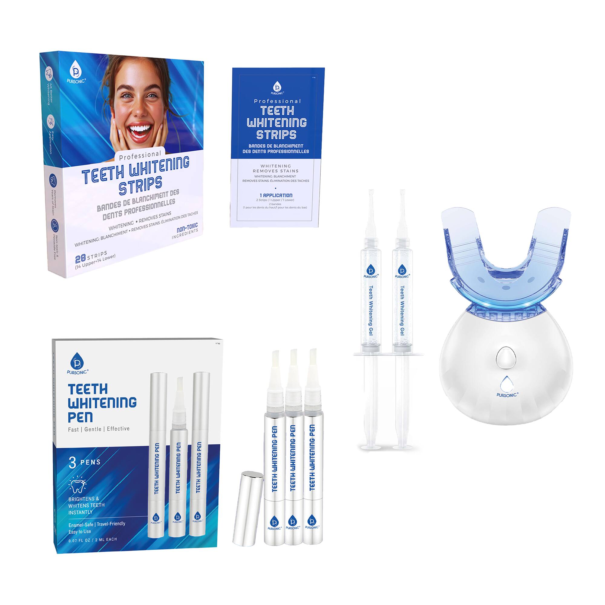 Pursonic - Complete Smile Whitening Bundle – LED Whitening Kit + Whitening Pens + Professional Whitening Strips