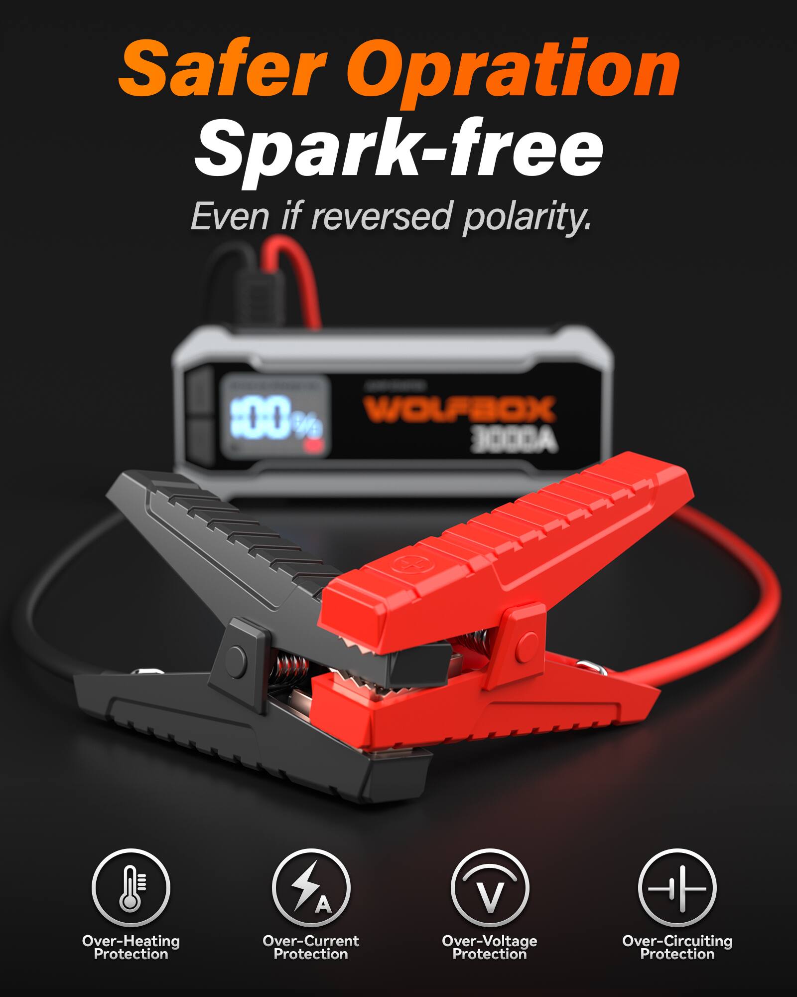Safer Operation Spark-free  
Even if reversed polarity.  

WOLPBOX 3000A  
- Over-Heating Protection  
- Over-Current Protection  
- Over-Voltage Protection  
- Over-Circuiting Protection