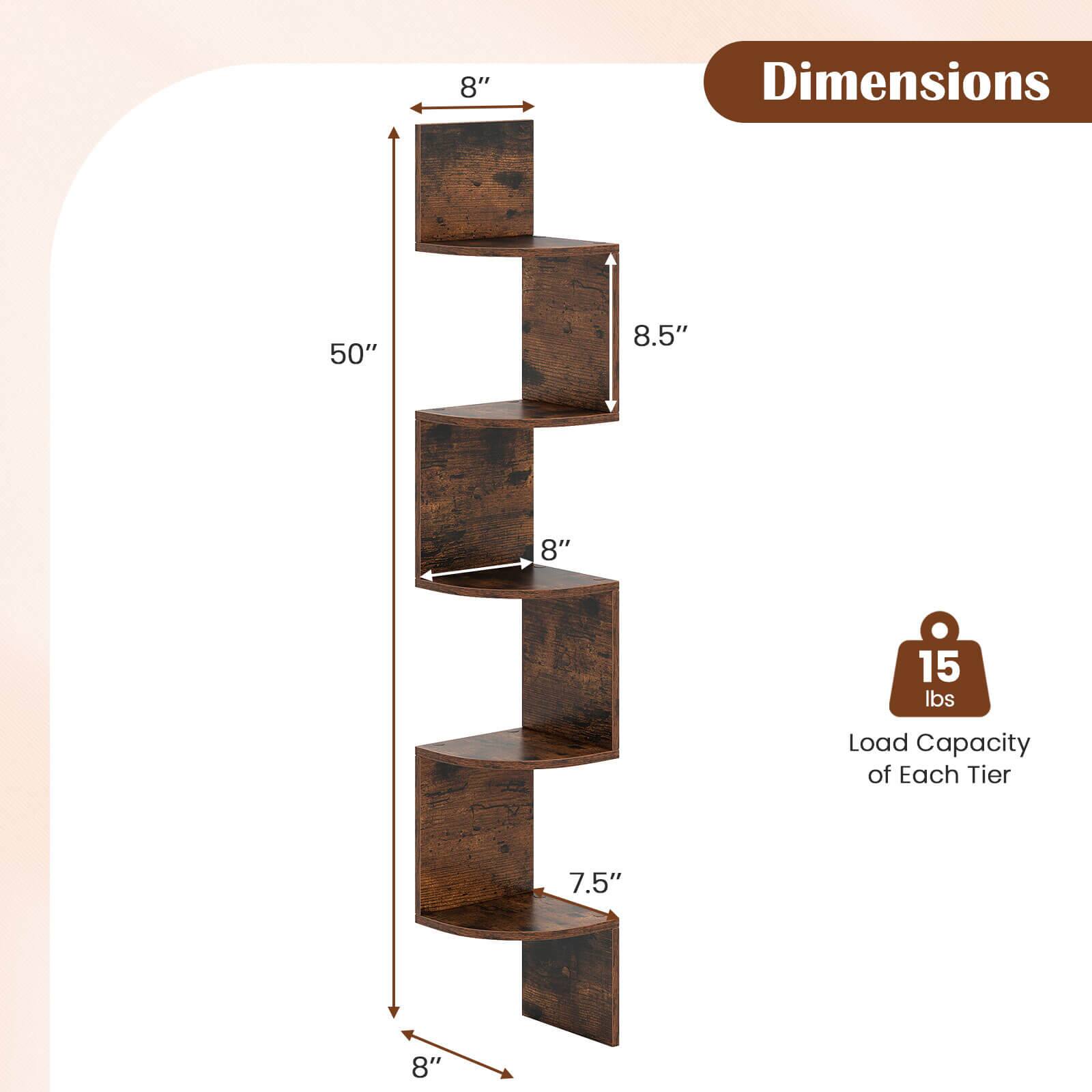 The image shows a wooden shelving unit with a total height of 50 inches. It consists of 8 tiers, each with a height of 8.5 inches. The load capacity of each tier is 15 lbs. The dimensions of the shelving unit are 7.5 inches wide and 8 inches deep.