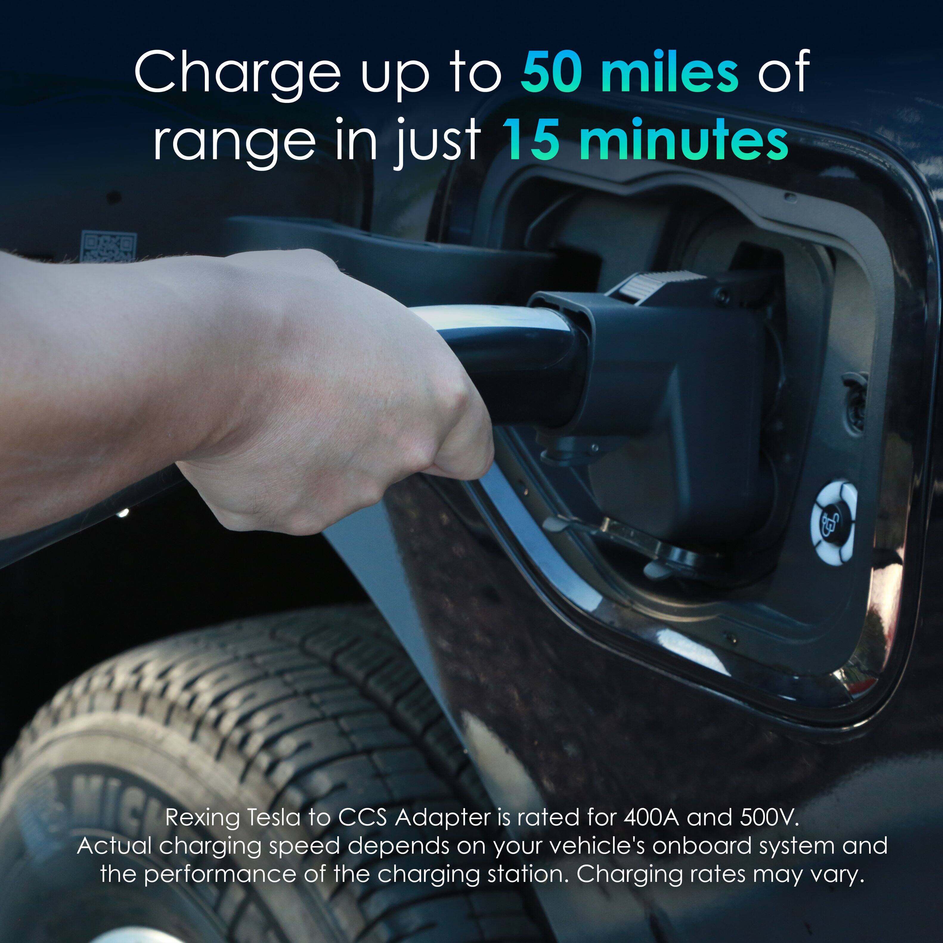 Charge up to 50 miles of range in just 15 minutes with the Rexing Tesla to CCS Adapter, which is rated for 400A and 500V. However, the actual charging speed depends on your vehicle's onboard system and the performance of the charging station, so charging rates may vary.