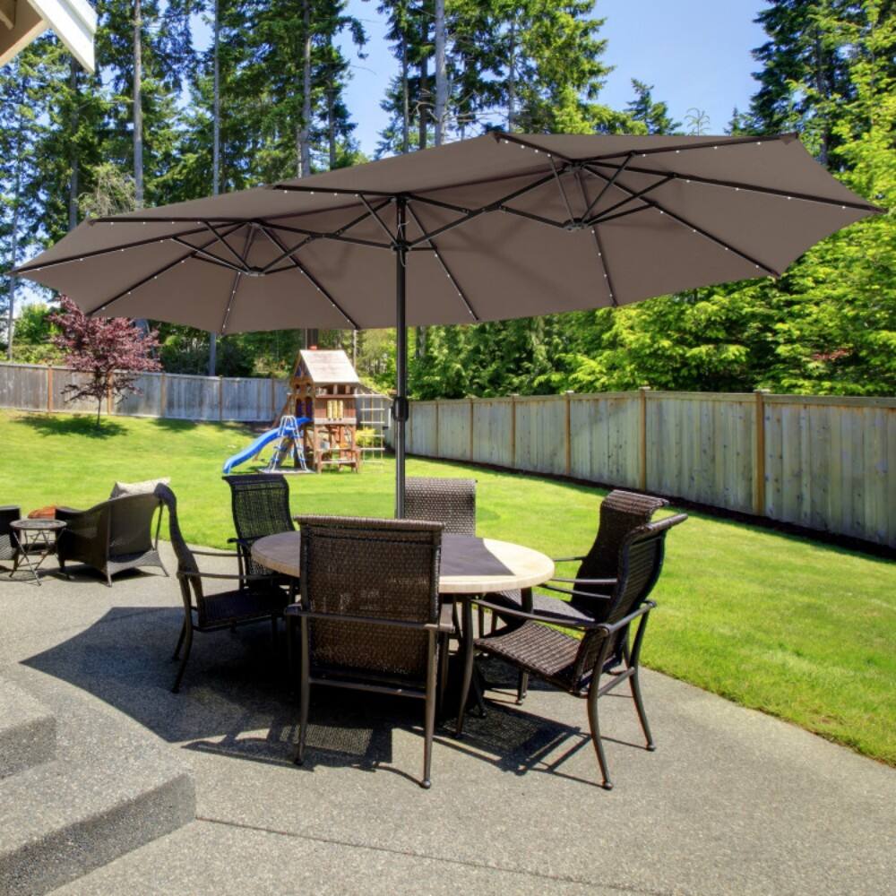 Angle. Mondawe - 15 Feet Twin Patio Umbrella with 48 Solar LED Lights - Light Brown.