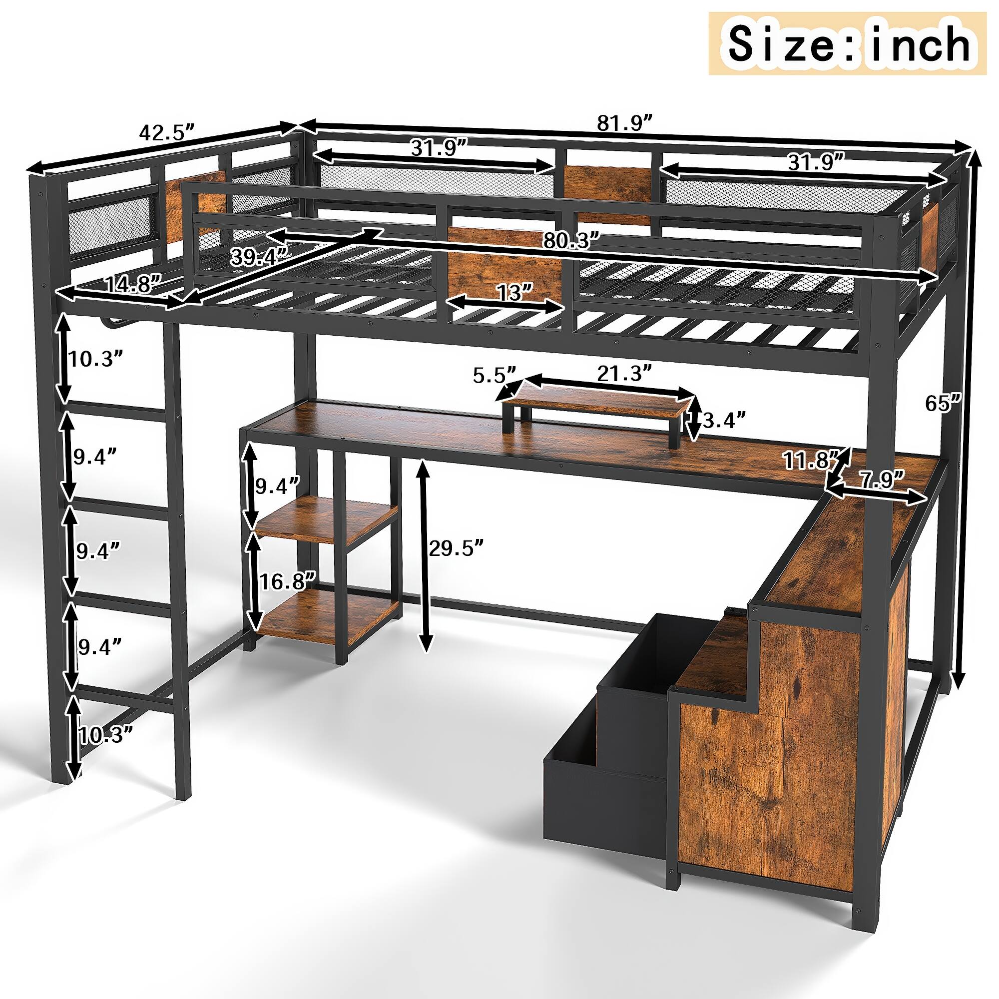 Size: inch  
42.5" 31.9" 81.9" 31.9" 14.8" 39.4" 80.3" 13" 10.3" 9.4" 9.4" 5.5" 21.3" 3.4" 65" 11.8" 7.9" 9.4" 16.8" 29.5" 9.4" 10.3"