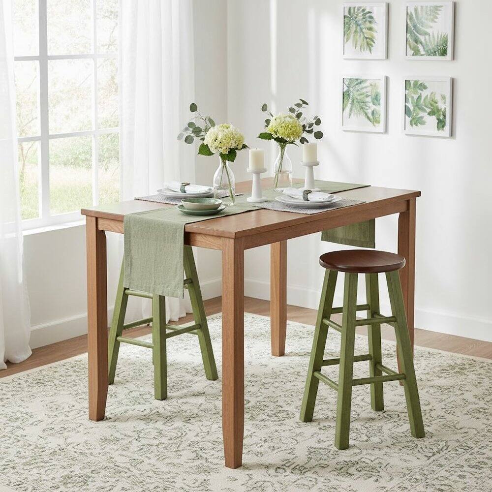 Alt View 2. FurniFact - 24" Rustic Green Counter Stool - Rustic Green / Walnut.