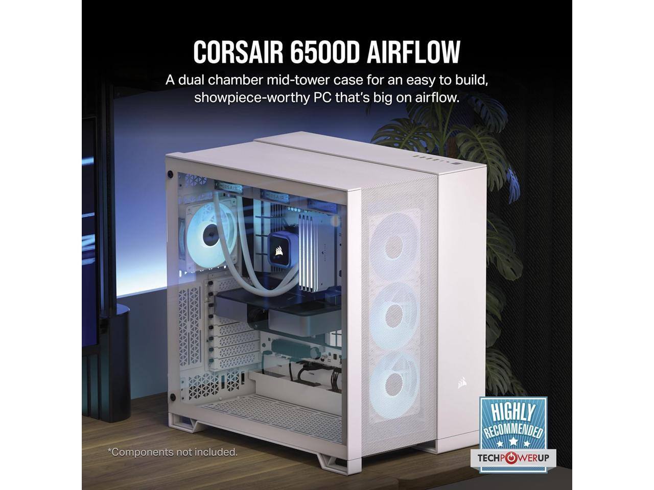 Alt View 1. CORSAIR - CORSAIR 6500D AIRFLOW Mid-Tower ATX Case – Tempered Glass – Reverse MB Support – White - White.