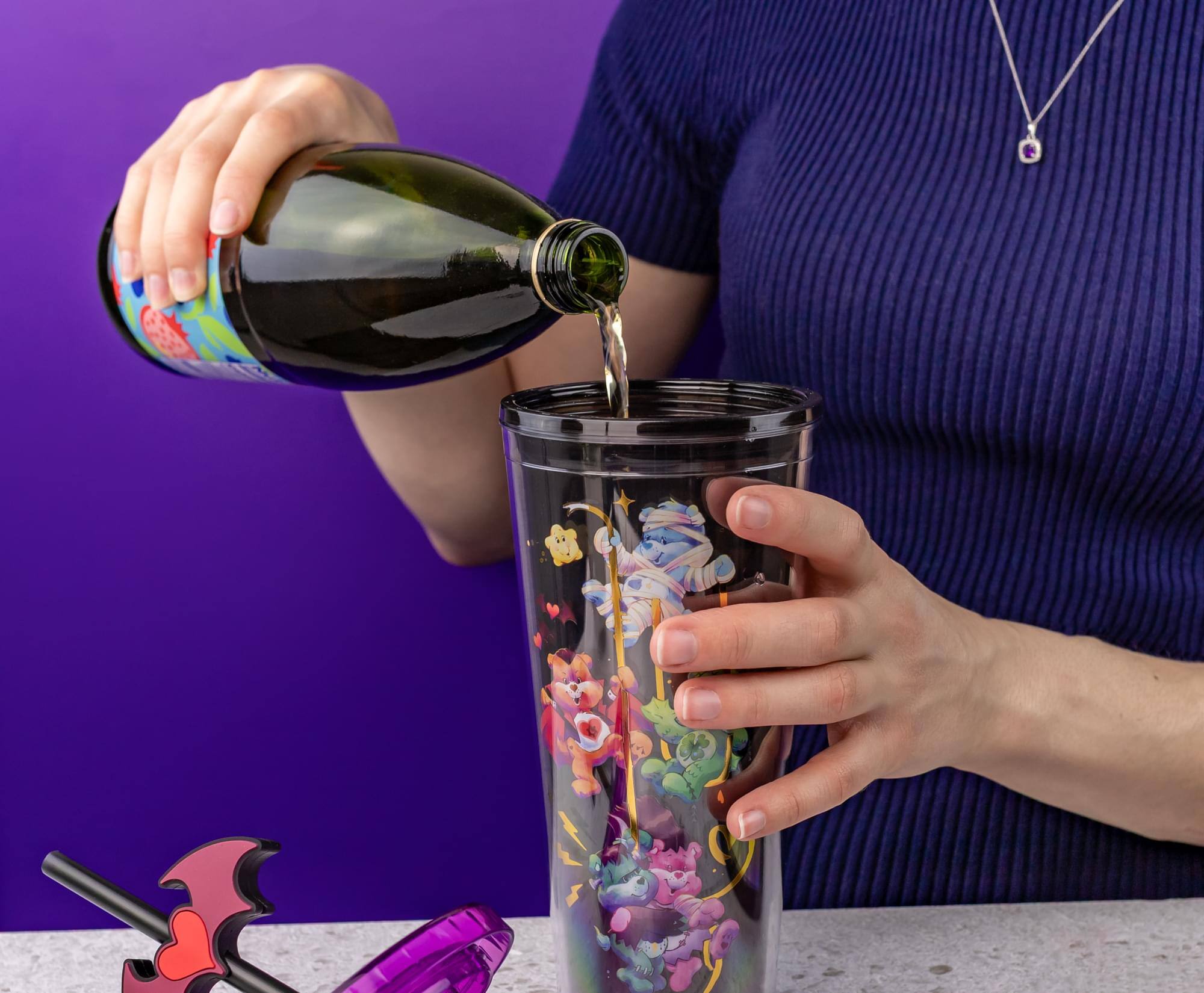 Alt View 5. Silver Buffalo - Care Bears x Universal Monsters 24-Ounce Carnival Cup With Lid and Straw Topper - Black.