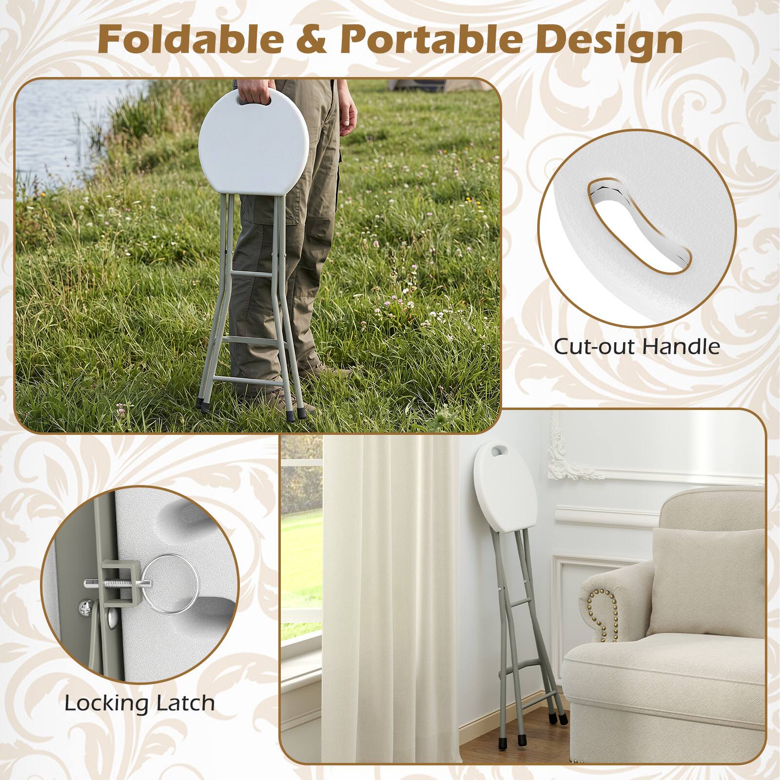 Foldable & Portable Design

Cut-out Handle

Locking Latch