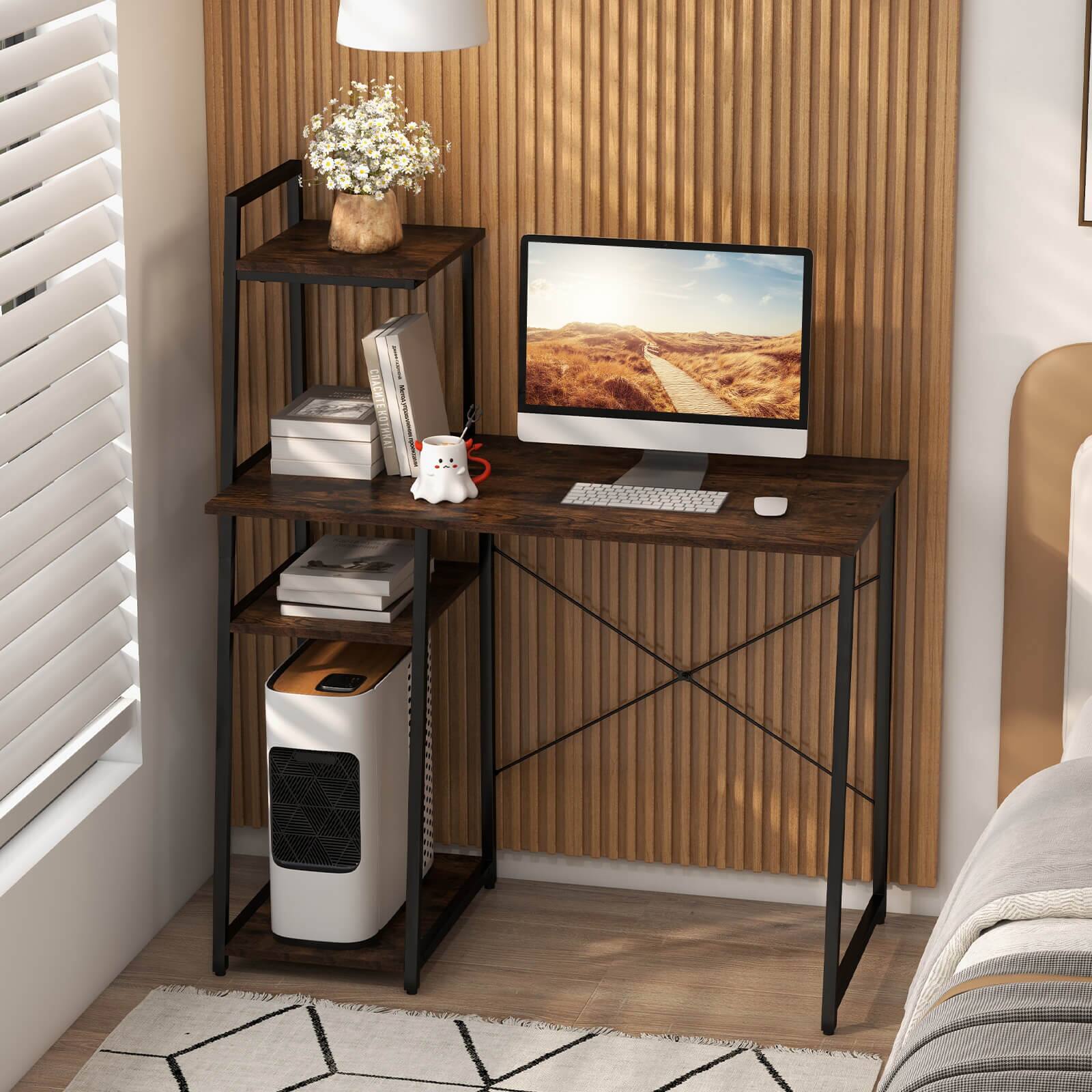 Costway Modern Computer Desk with 3 tier Storage Shelf CPU Stand Metal ...