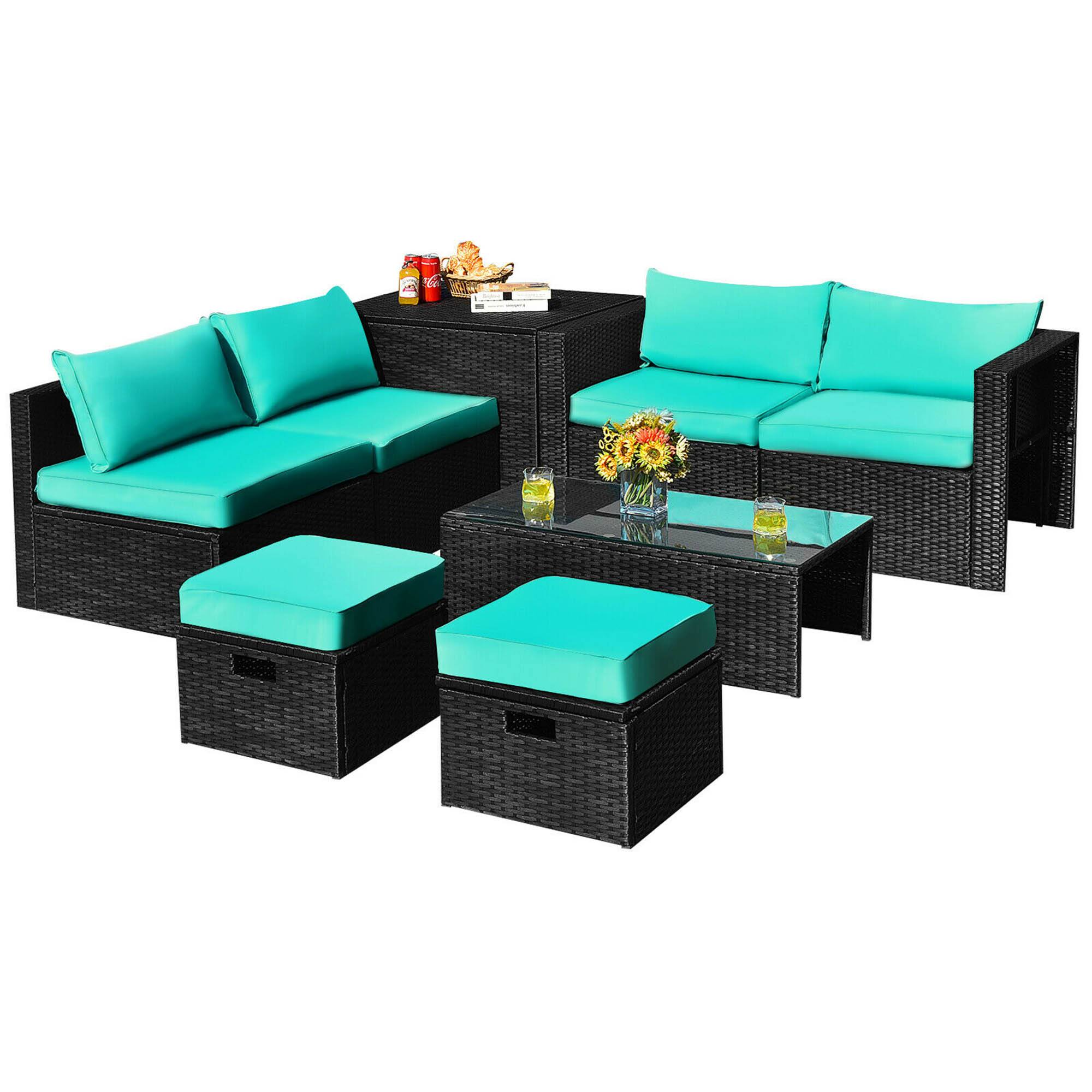 Alt View 1. Gymax - Gymax 8PCS Rattan Patio Sectional Furniture Set w/ Waterproof Cover & Turquoise Cushions - Turquoise.
