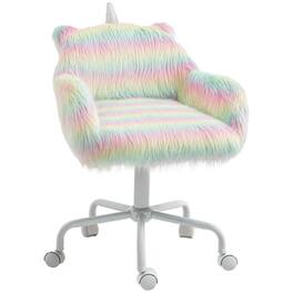 PULUZ - Fluffy Unicorn Office Chair with Mid-Back and Armrest Support, 5 Star Swivel Wheel White Base - Rainbow