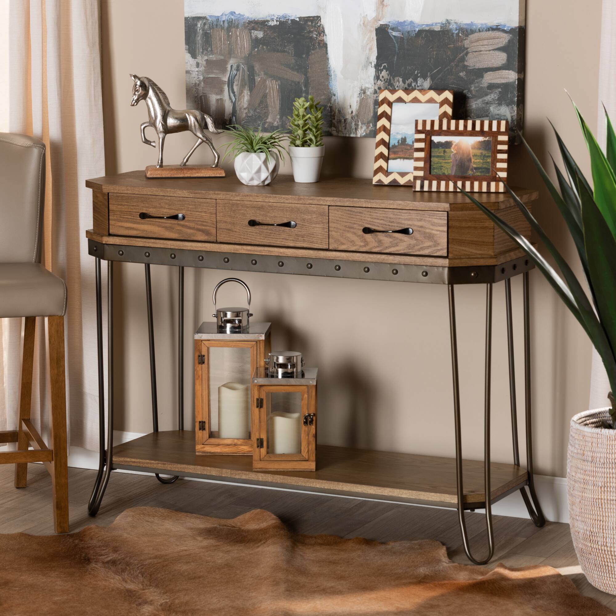 Alt View 4. Baxton Studio - Kellyn Vintage Rustic Industrial Finished Wood and Finished Metal 3-Drawer Console Table  - Oak Brown/Black.