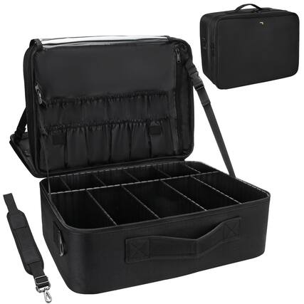 Front. VEGA AUTOMOTIVE - Makeup Bag With Led Mirror Large Capacity Travel Organizer Adjustable Compartments Brush Holder Detachable - plastic dividers black Super Large.