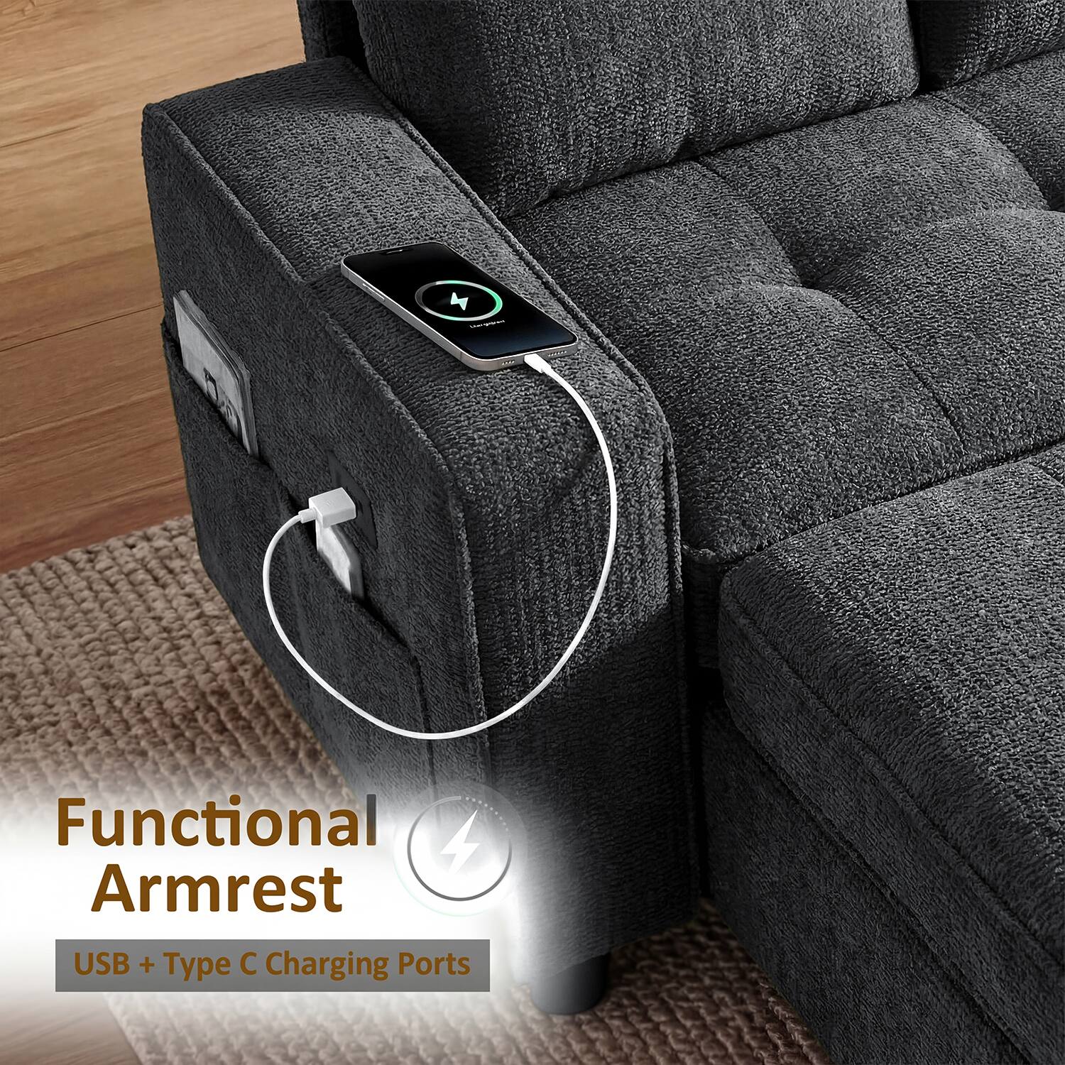 Functional Armrest  
USB + Type C Charging Ports