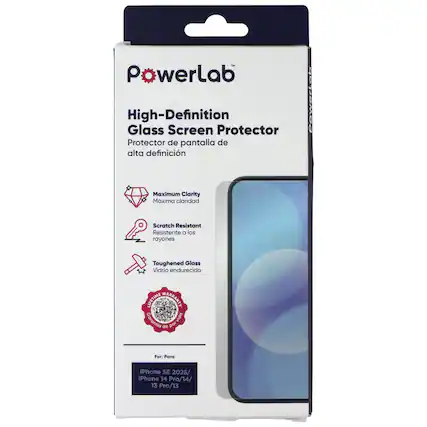 PowerLab High-Definition Glass Screen Protector
Protector de pantalla de alta definición
Maximum Clarity Máxima claridad
Scratch Resistant Resistente a los rayones
Toughened Glass Vidrio endurecido
LIFETIME WARRANTY Garantía de por vida
For/Para iPhone SE 2025/ iPhone 14 Pro/14/ 13 Pro/13