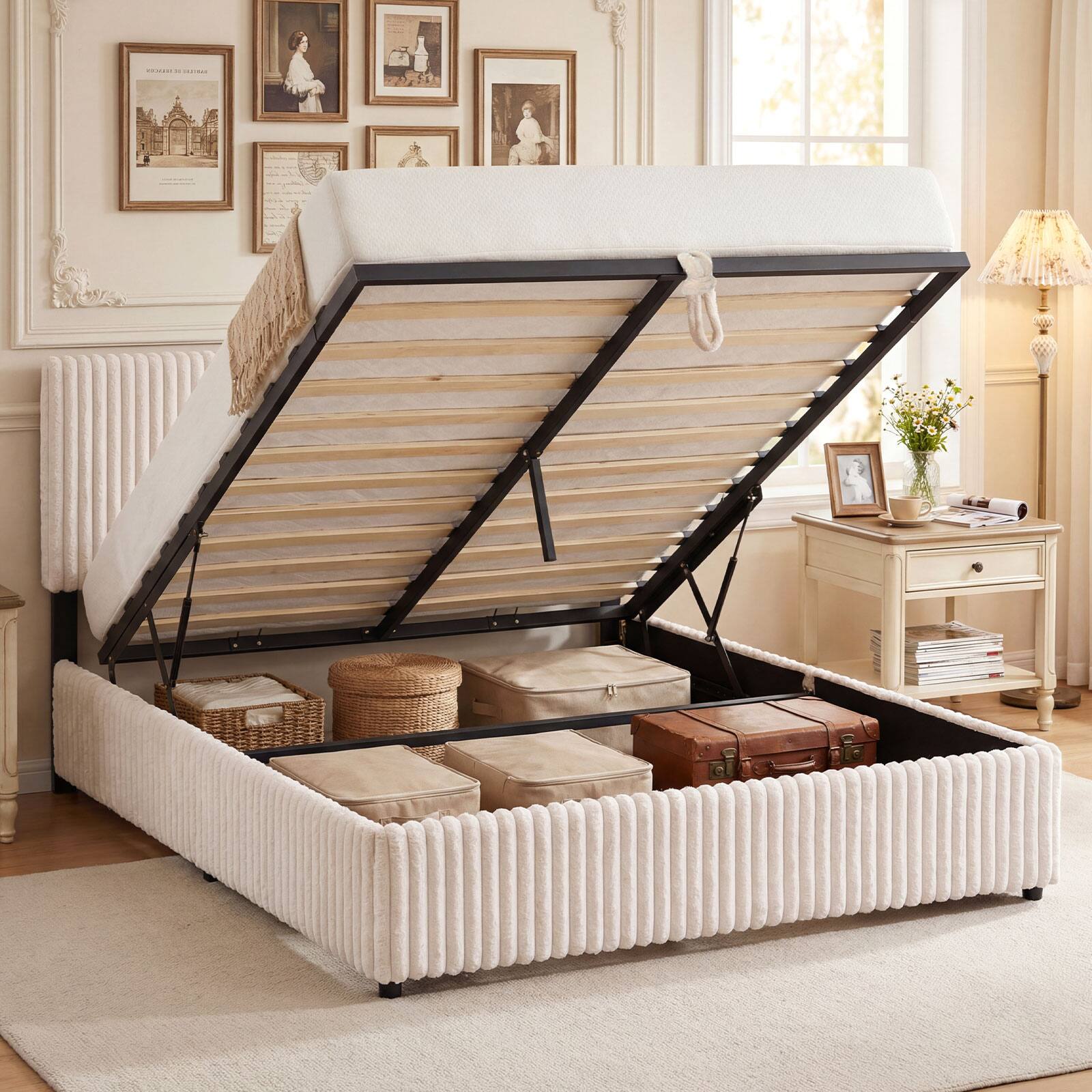 Alt View 4. Gymax - Gymax Queen Size Lift-up Storage Bed w/Hydraulic Lifts Wooden Slat Support Beige - Beige.