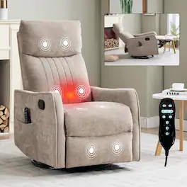 Ropilly - Massage Recliner Chair, Fabric Swivel Rocker Recliner with Lumbar Heat - Khaki